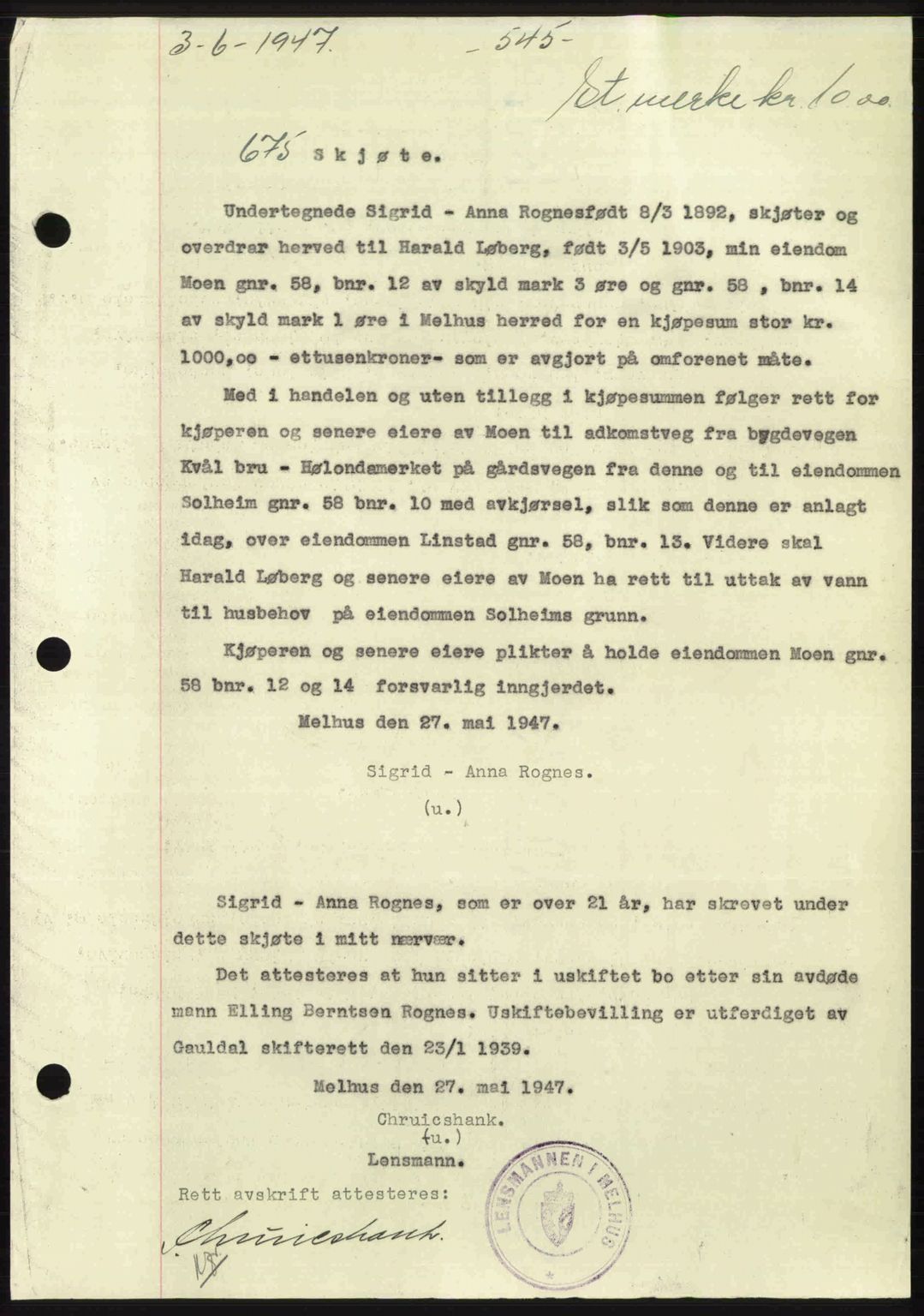 Gauldal sorenskriveri, SAT/A-0014/1/2/2C: Pantebok nr. A3, 1947-1947, Dagboknr: 675/1947