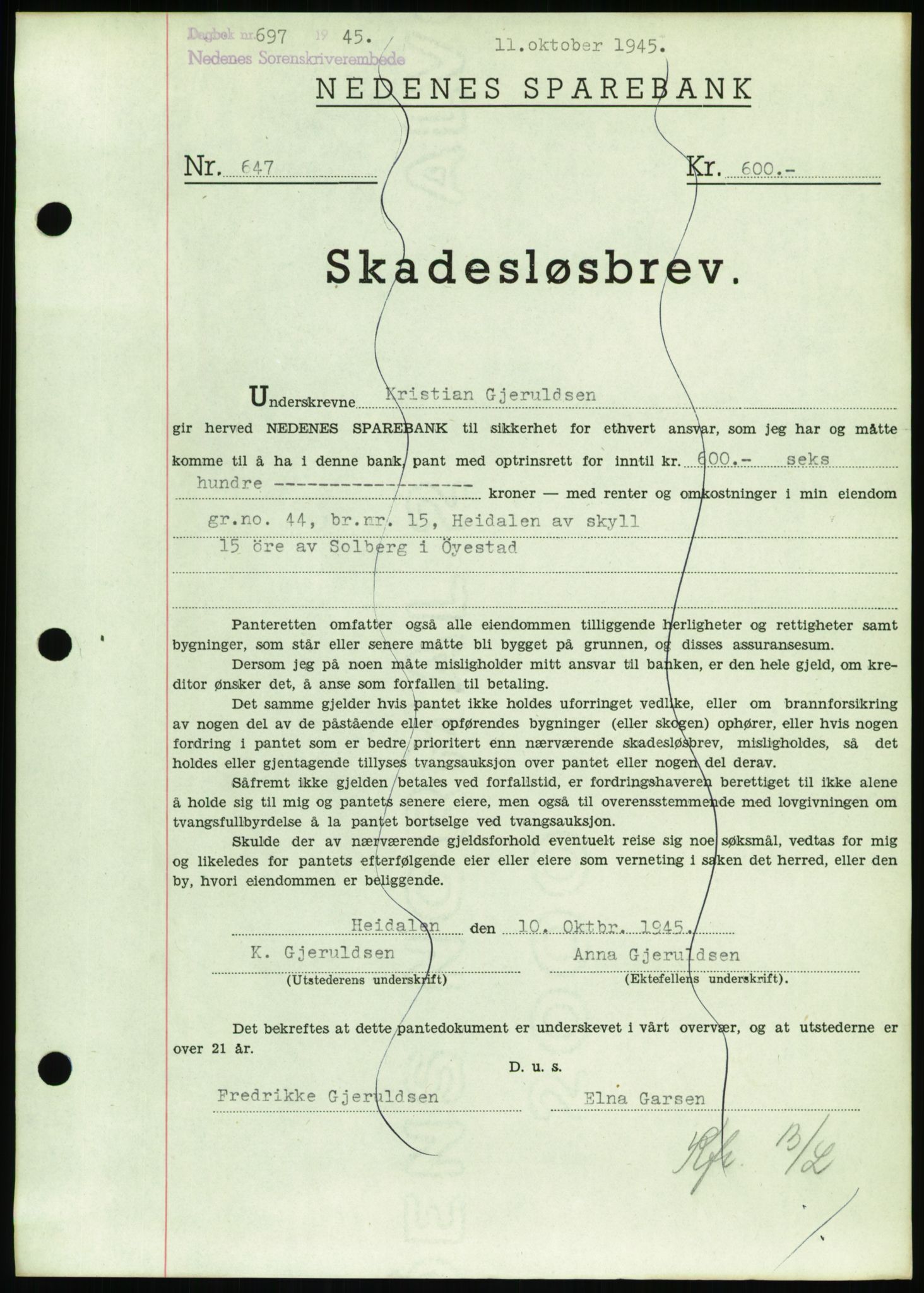 Nedenes sorenskriveri, AV/SAK-1221-0006/G/Gb/Gbb/L0002: Pantebok nr. II, 1942-1945, Dagboknr: 697/1945