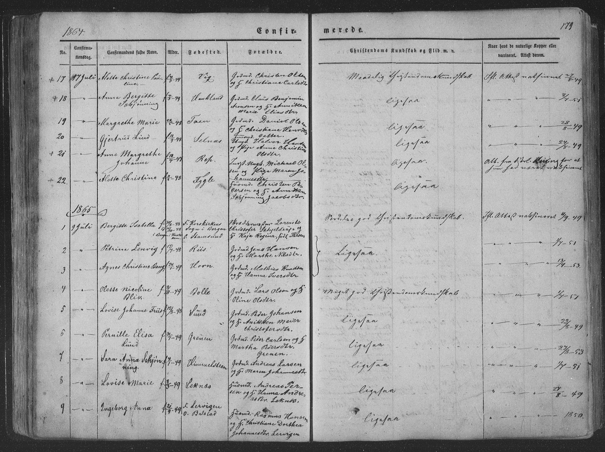 Ministerialprotokoller, klokkerbøker og fødselsregistre - Nordland, SAT/A-1459/881/L1165: Klokkerbok nr. 881C02, 1854-1876, s. 179