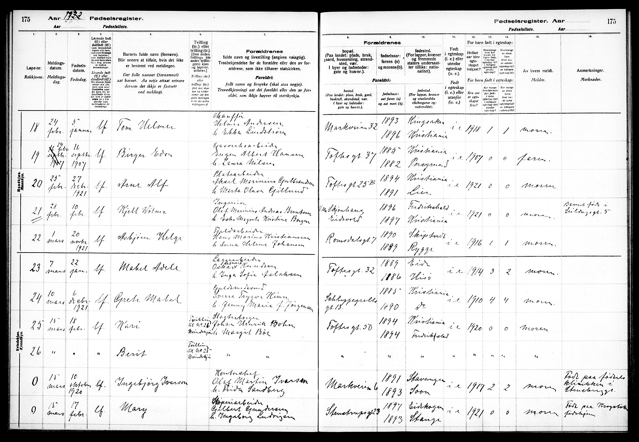 Paulus prestekontor Kirkebøker, AV/SAO-A-10871/J/Ja/L0001: Fødselsregister nr. 1, 1916-1923, s. 175