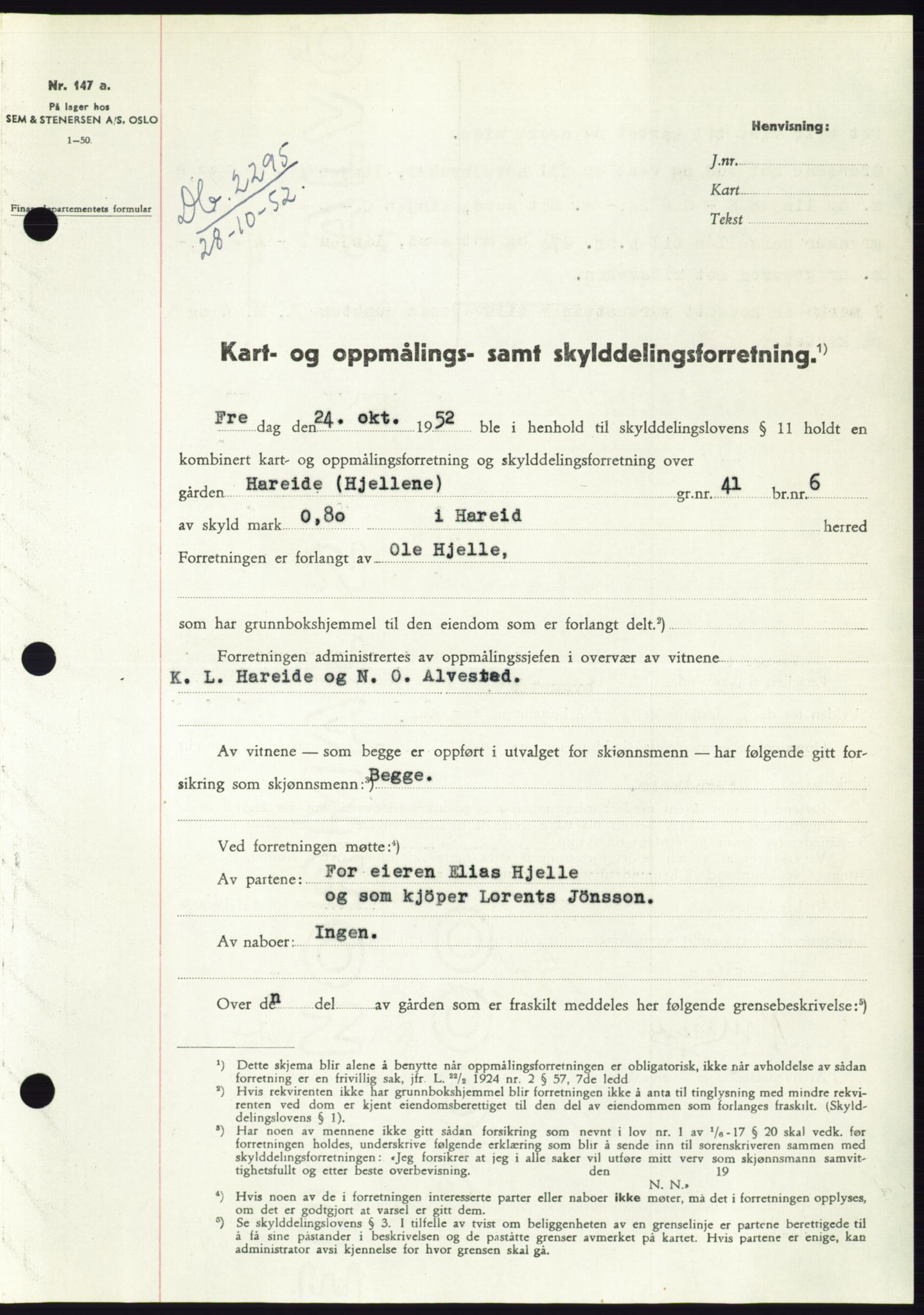 Søre Sunnmøre sorenskriveri, SAT/A-4122/1/2/2C/L0093: Pantebok nr. 19A, 1952-1953, Dagboknr: 2295/1952