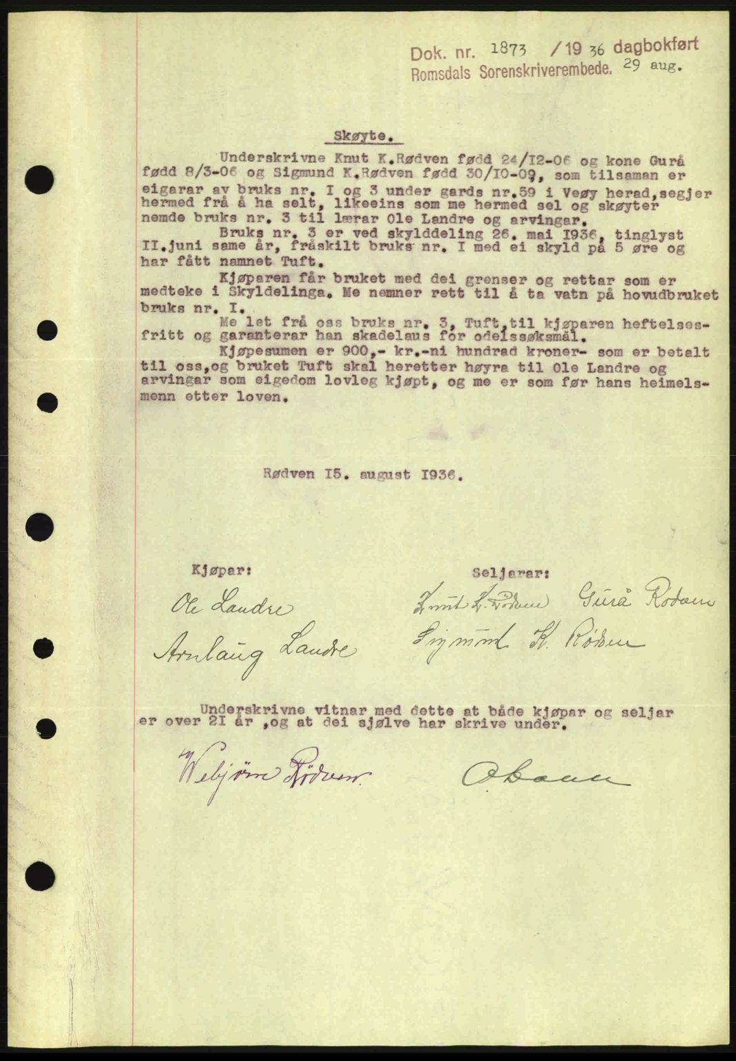 Romsdal sorenskriveri, SAT/A-4149/1/2/2C: Pantebok nr. A1, 1936-1936, Dagboknr: 1873/1936