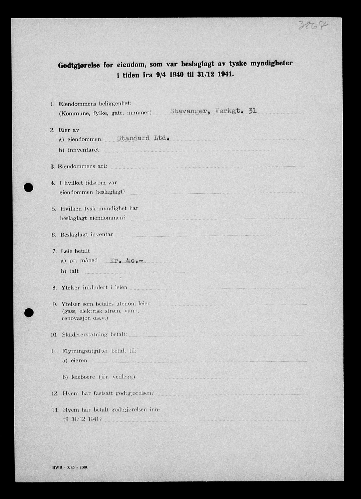 Justisdepartementet, Tilbakeføringskontoret for inndratte formuer, AV/RA-S-1564/I/L1014: Godtgjørelse for beslaglagt eiendom, 1940-1941, s. 127