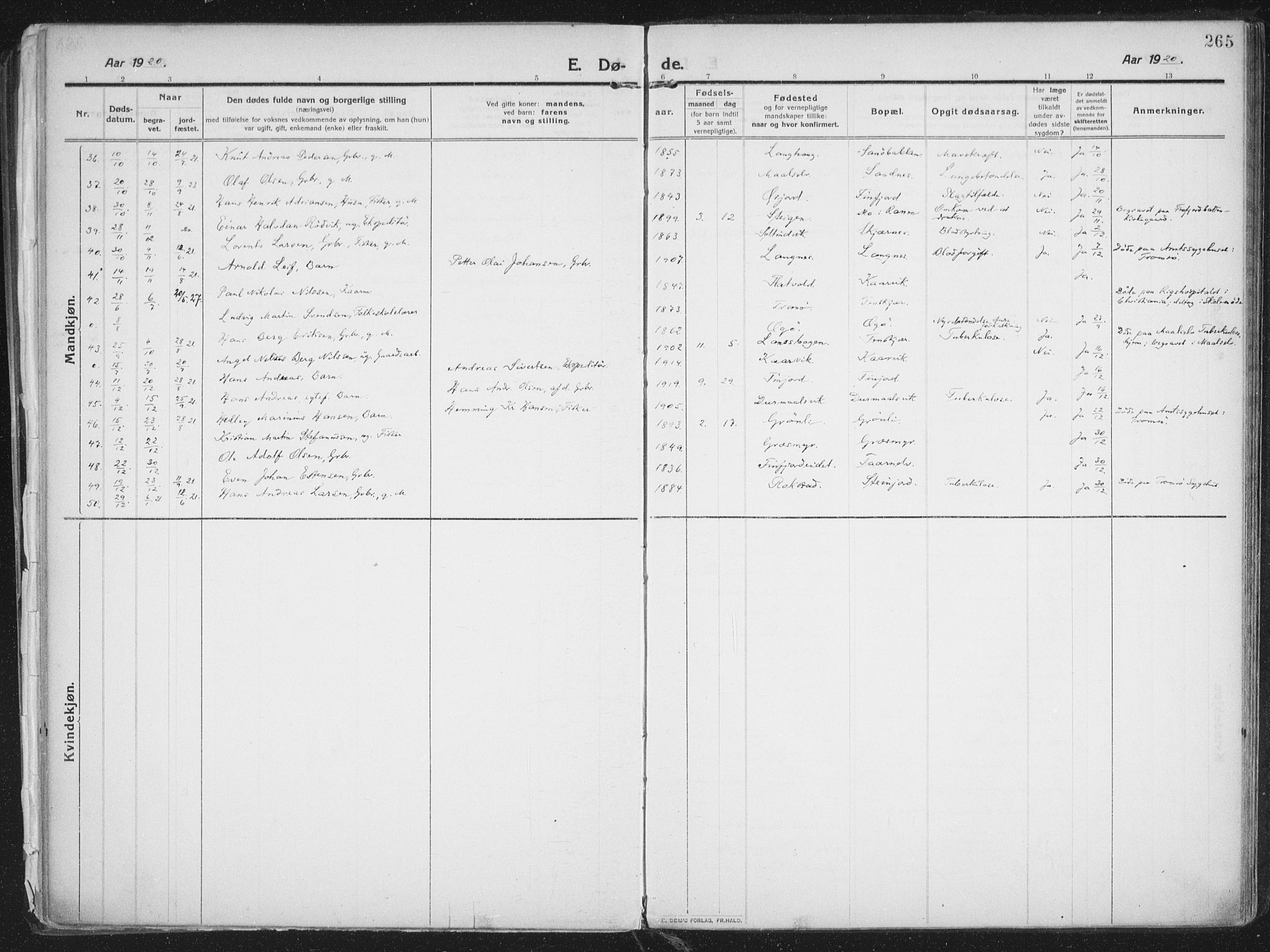 Lenvik sokneprestembete, AV/SATØ-S-1310/H/Ha/Haa/L0016kirke: Ministerialbok nr. 16, 1910-1924, s. 265