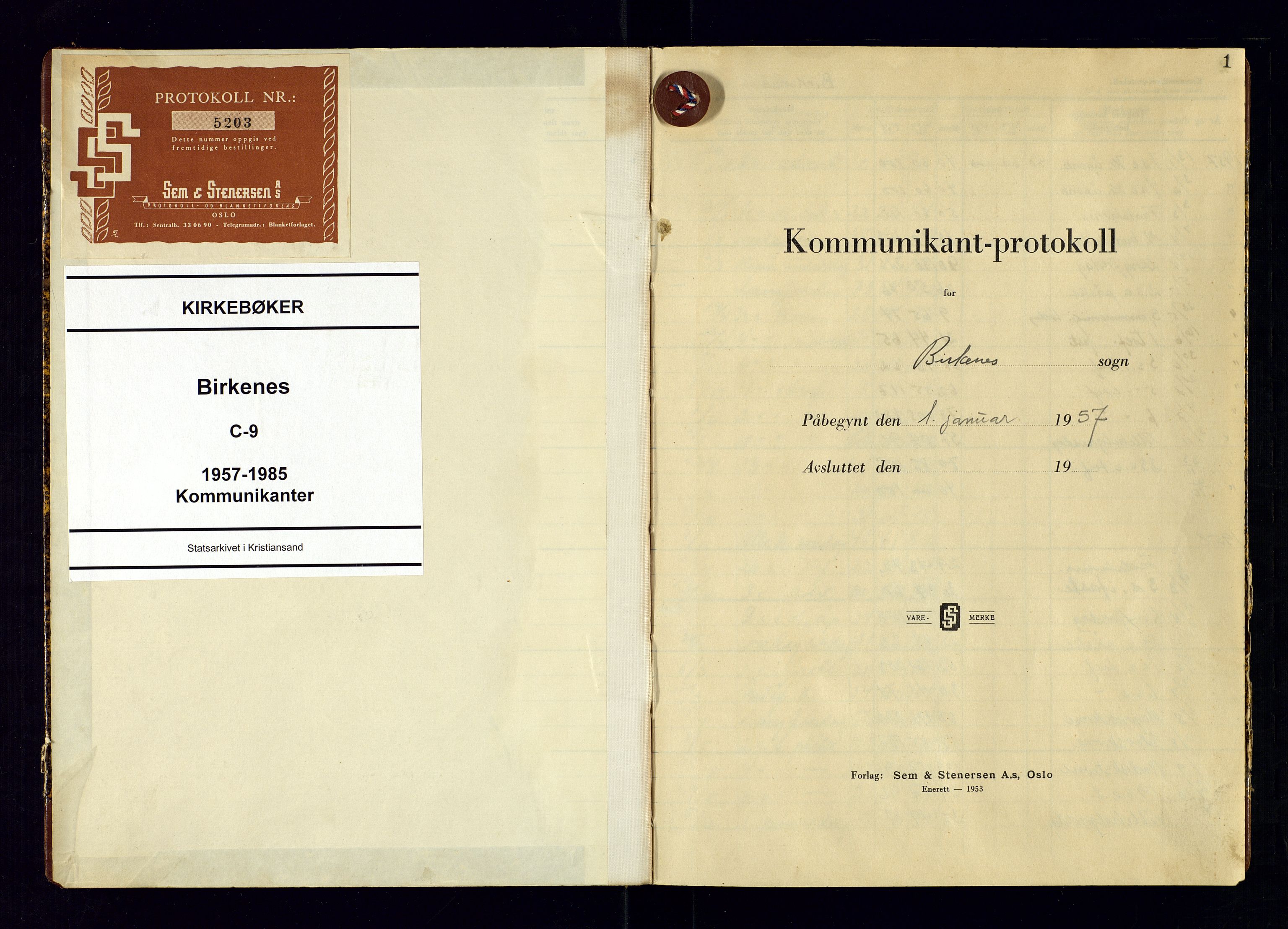 Birkenes sokneprestkontor, SAK/1111-0004/F/Fc/L0009: Kommunikantprotokoll nr. C-9, 1957-1985, s. 1