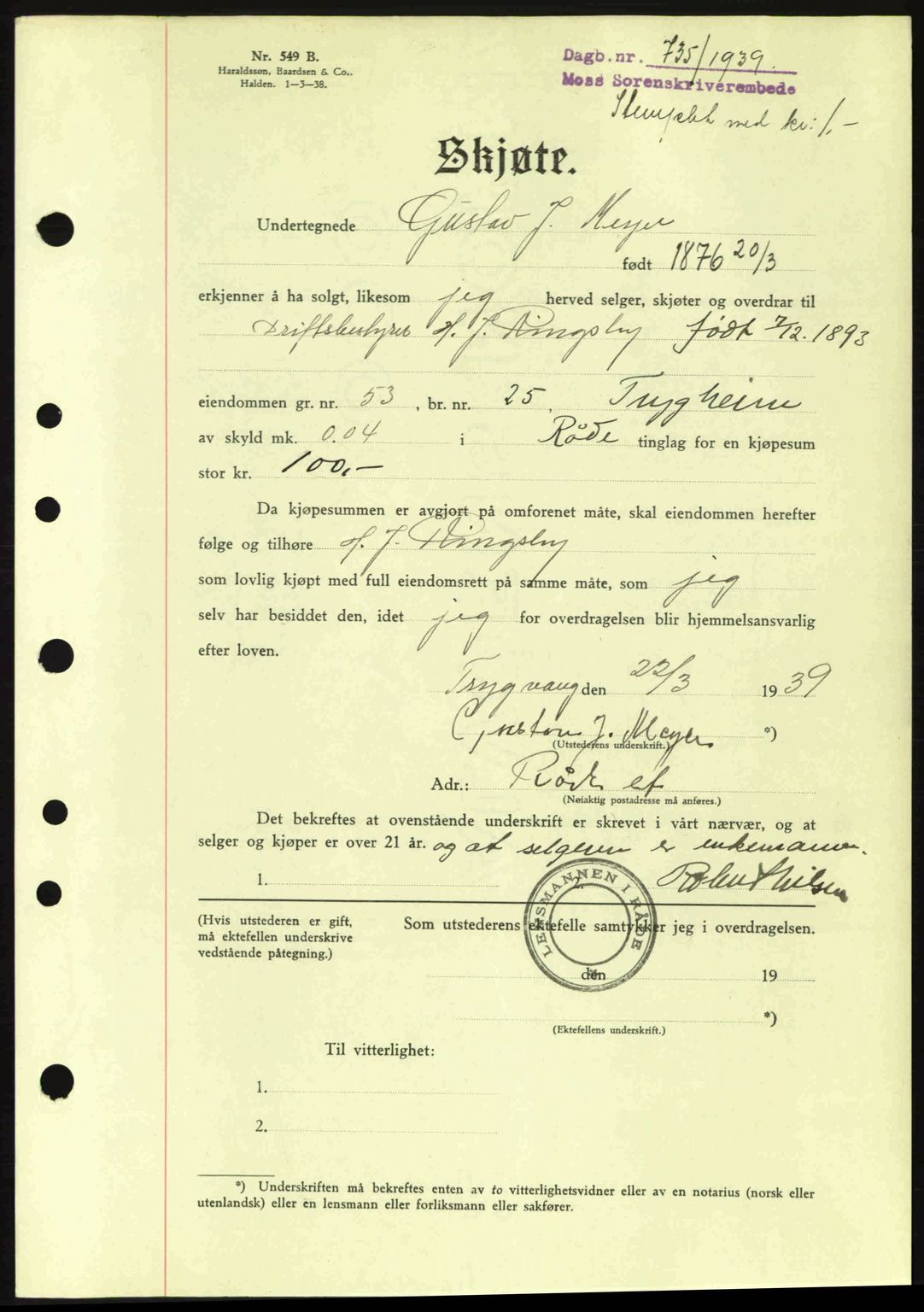 Moss sorenskriveri, SAO/A-10168: Pantebok nr. A5, 1938-1939, Dagboknr: 735/1939