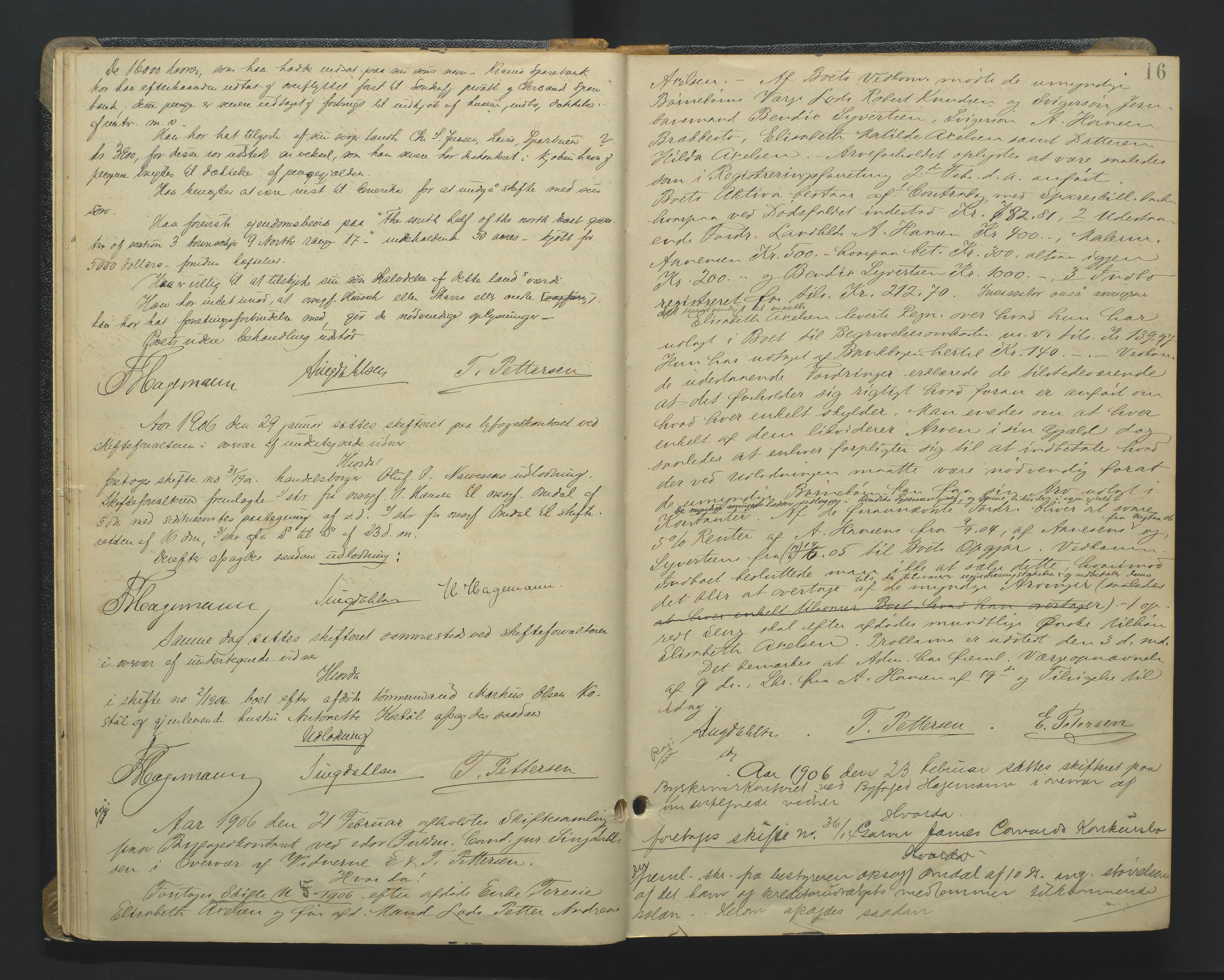 Kristiansand byrett, AV/SAK-1223-0001/H/Hc/L0048: Skifteforhandlingsprotokoll nr. 8, med register, 1905-1913, s. 16