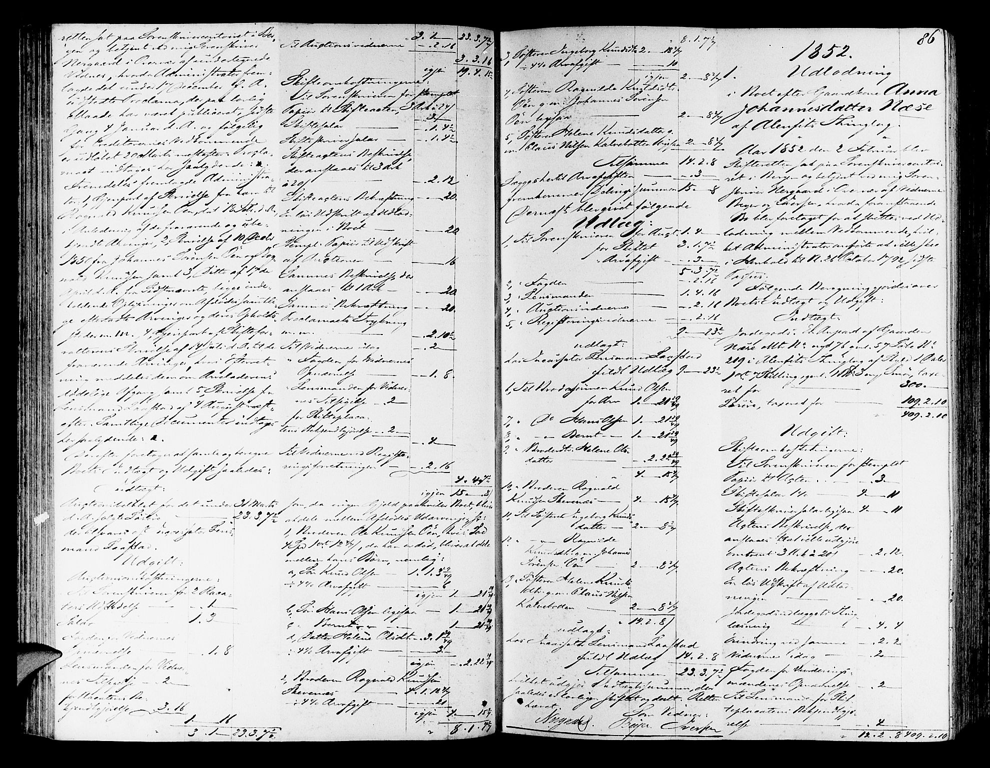 Nordhordland sorenskrivar, AV/SAB-A-2901/1/H/Hd/Hda/L0005: Skifteutlodningsprotokollar, 1851-1857, s. 85b-86a