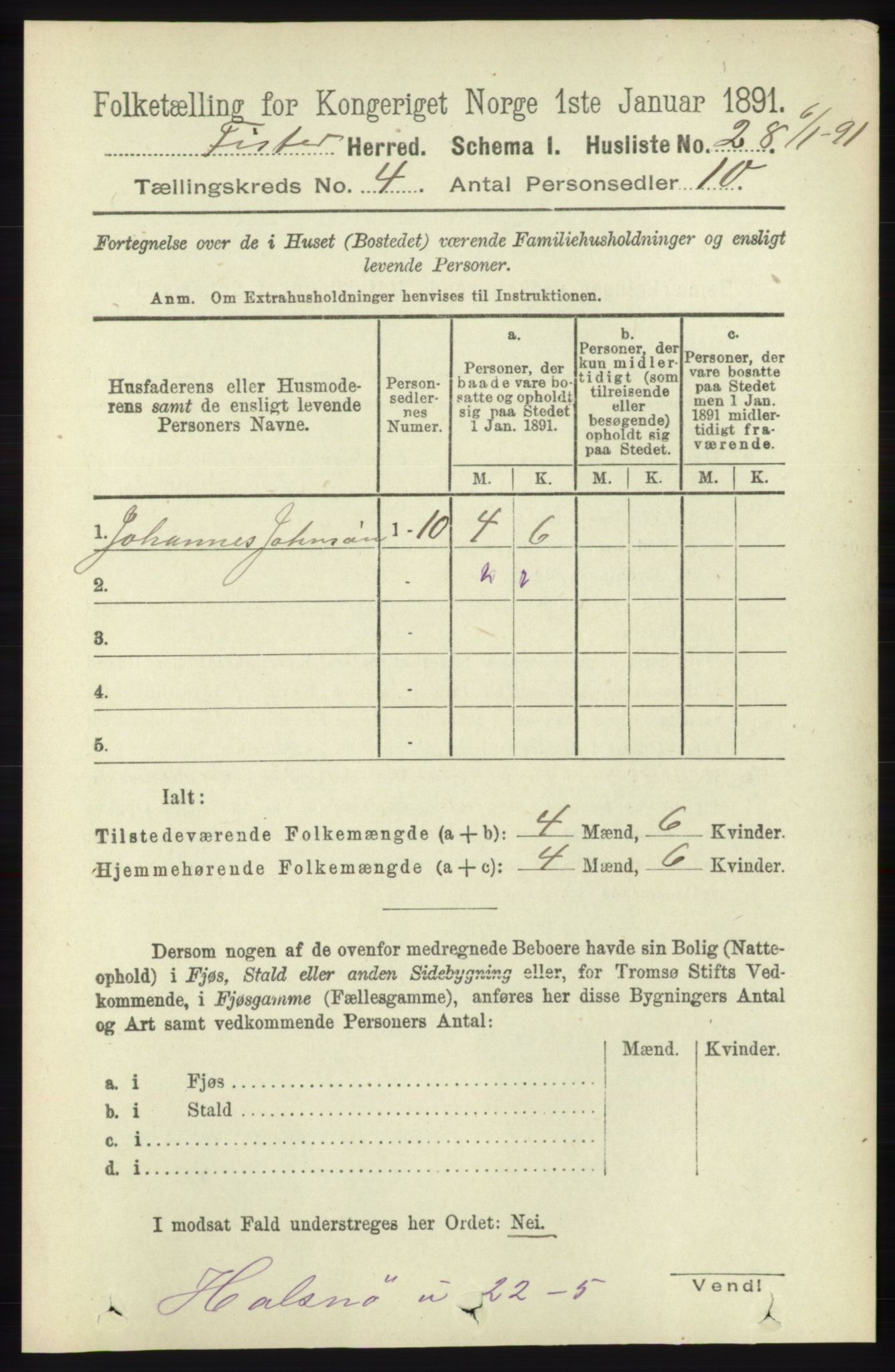 RA, Folketelling 1891 for 1132 Fister herred, 1891, s. 847