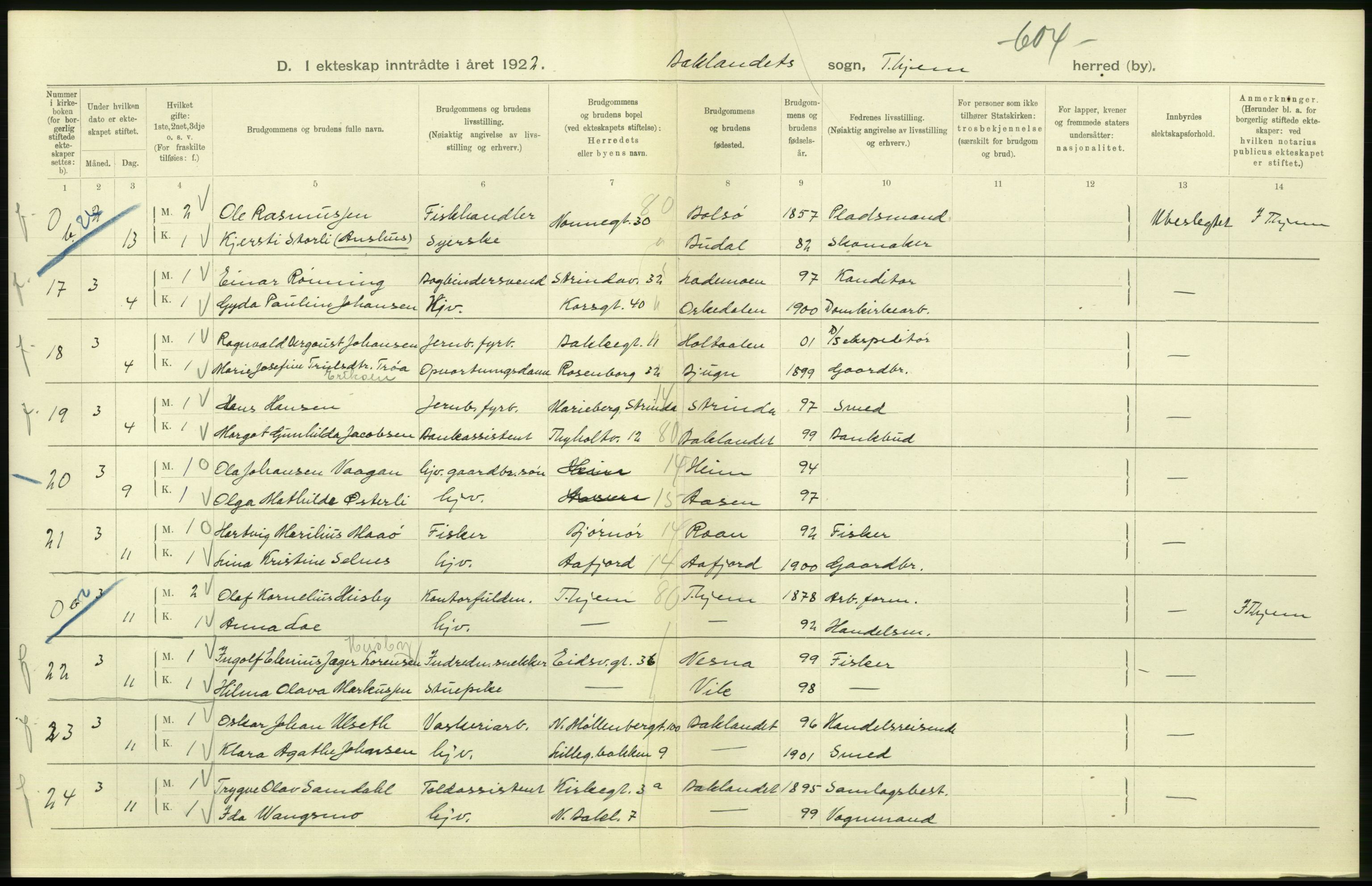 Statistisk sentralbyrå, Sosiodemografiske emner, Befolkning, AV/RA-S-2228/D/Df/Dfc/Dfcb/L0040: Trondheim: Gifte, døde, dødfødte., 1922, s. 86