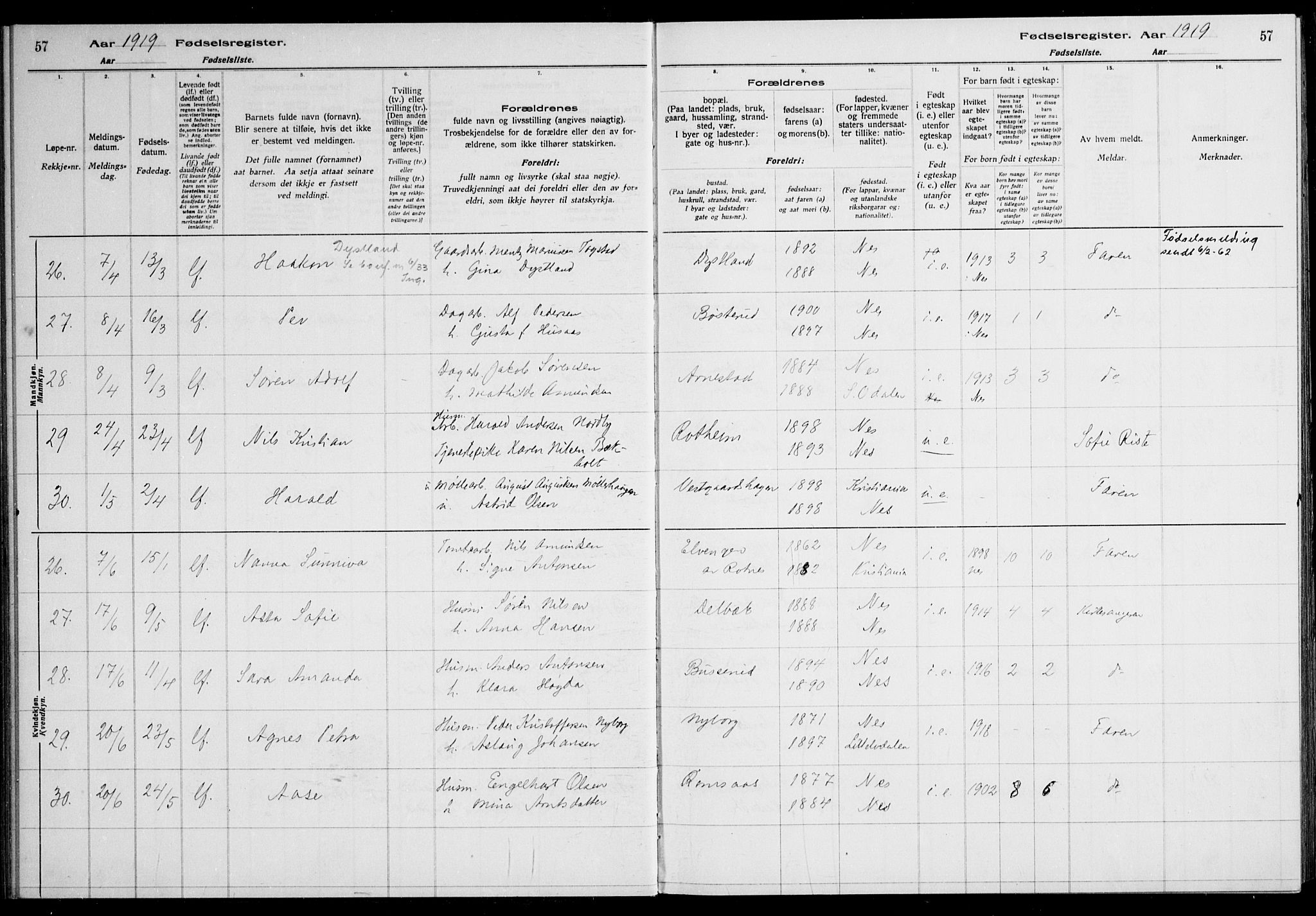 Nes prestekontor Kirkebøker, AV/SAO-A-10410/J/Ja/L0001: Fødselsregister nr. 1, 1916-1926, s. 57