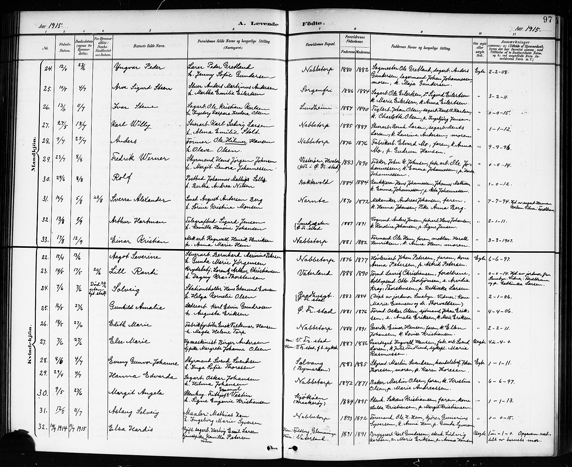 Østre Fredrikstad prestekontor Kirkebøker, AV/SAO-A-10907/G/Ga/L0002: Klokkerbok nr. 2, 1900-1919, s. 97