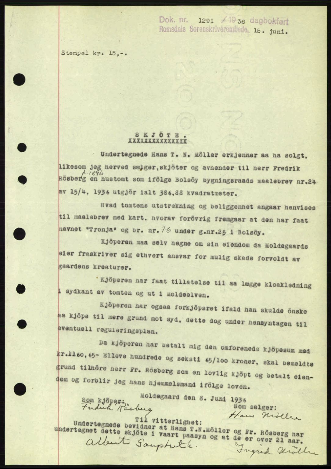Romsdal sorenskriveri, SAT/A-4149/1/2/2C: Pantebok nr. A1, 1936-1936, Dagboknr: 1291/1936