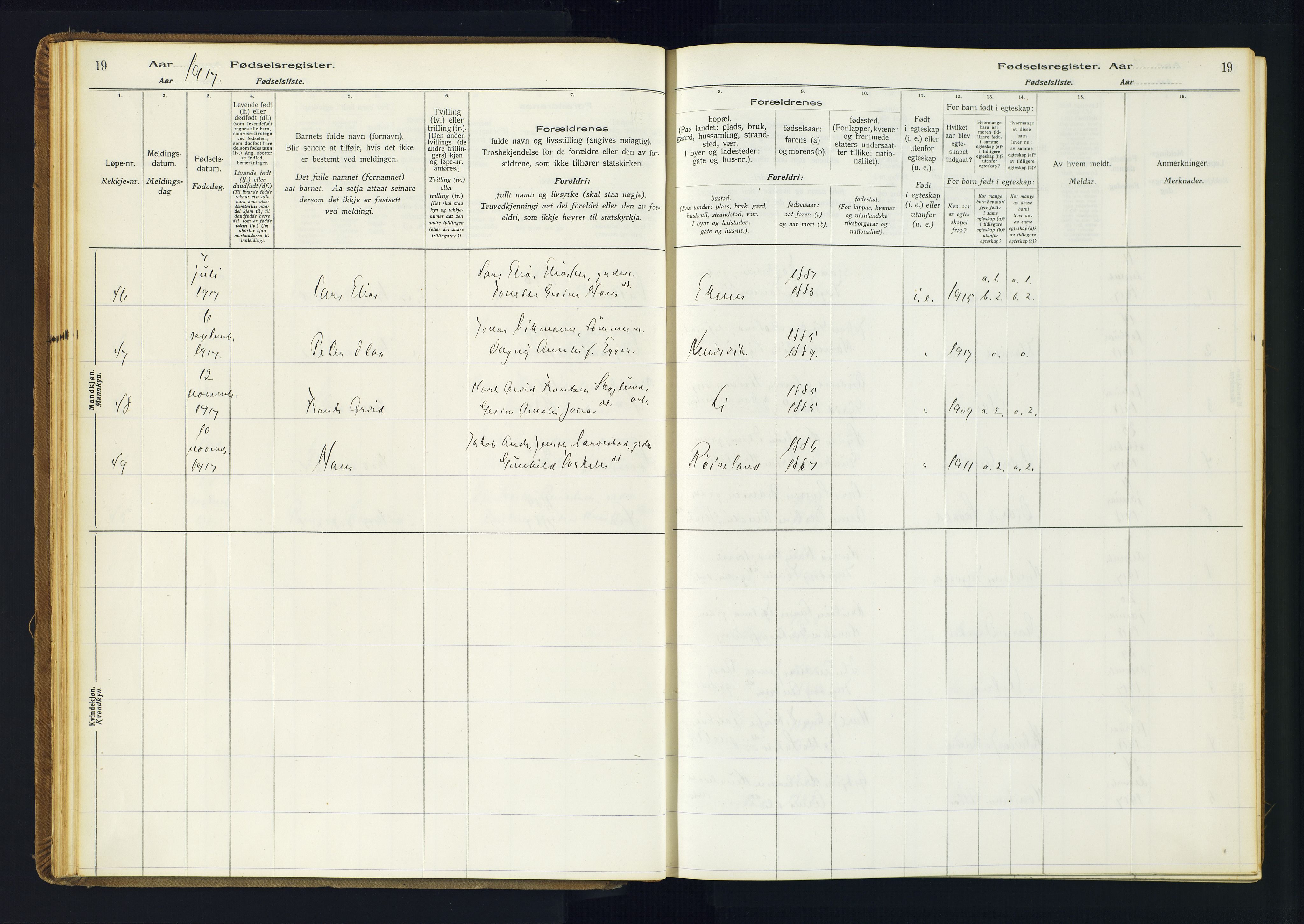 Kvinesdal sokneprestkontor, AV/SAK-1111-0026/J/Ja/L0001: Fødselsregister nr. 1, 1916-1941, s. 19