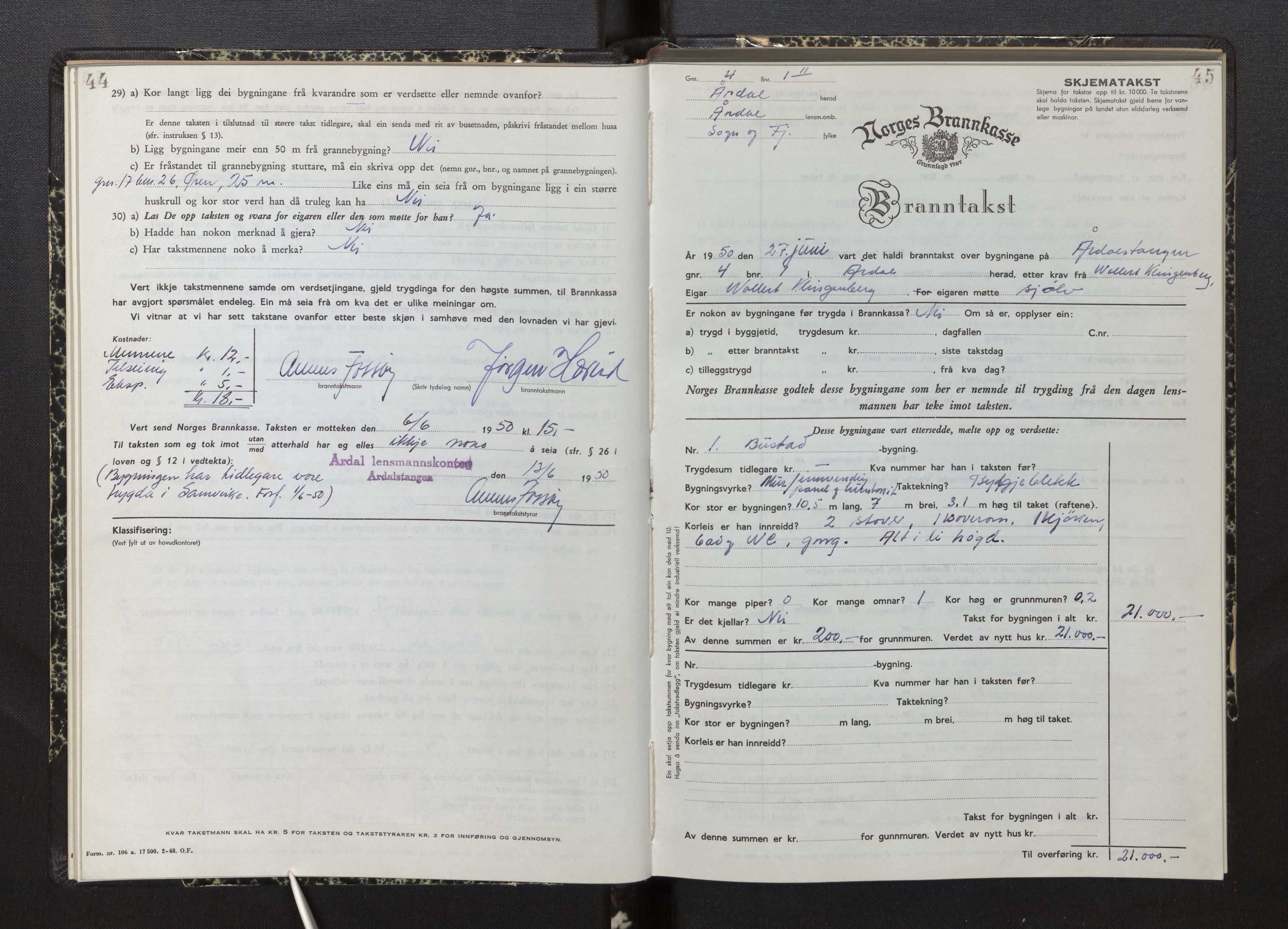 Lensmannen i Årdal, AV/SAB-A-30501/0012/L0012: Branntakstprotokoll, skjematakst, 1949-1955, s. 44-45