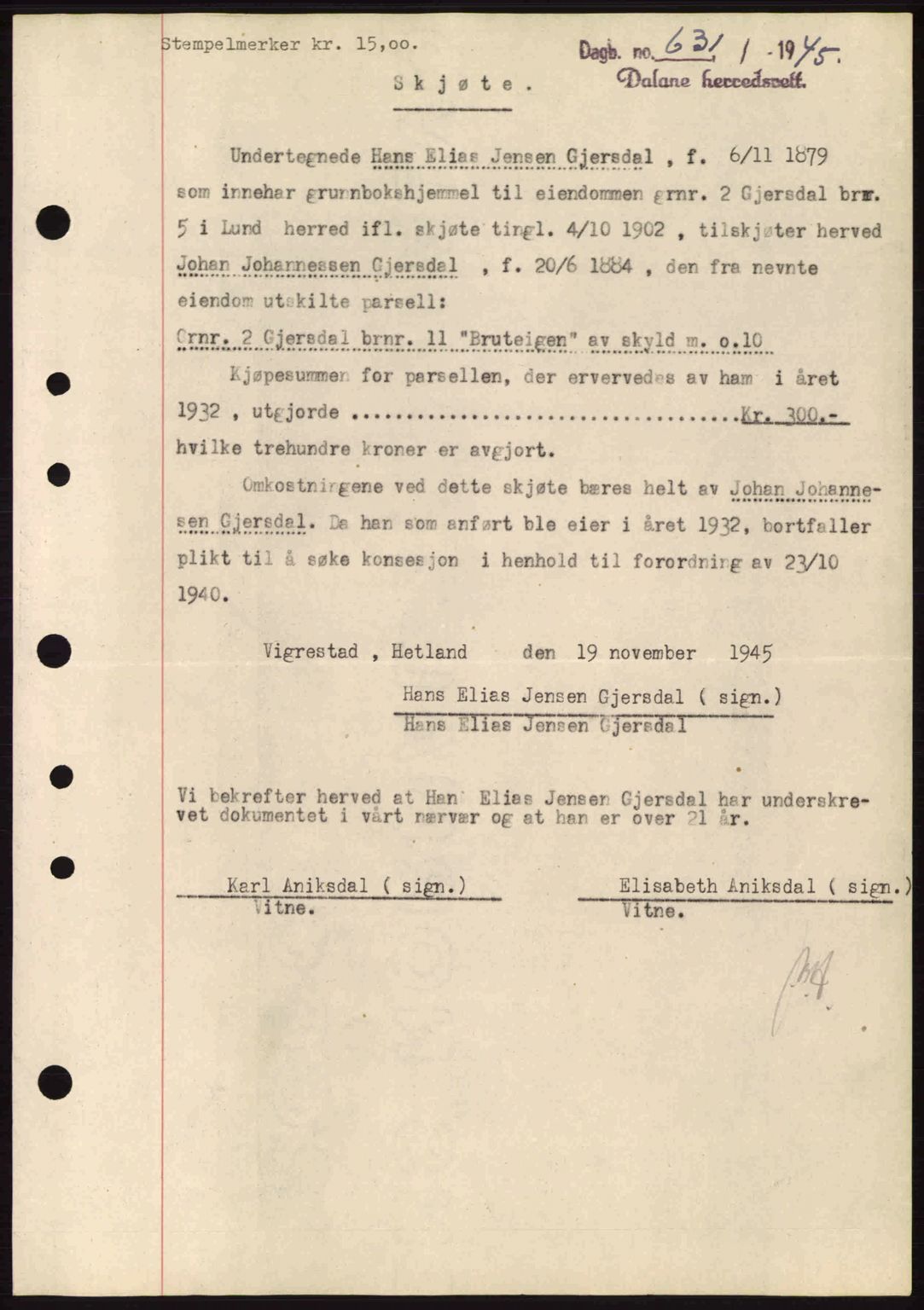 Dalane sorenskriveri, SAST/A-100309/02/G/Gb/L0047: Pantebok nr. A8 I, 1944-1945, Dagboknr: 631/1945
