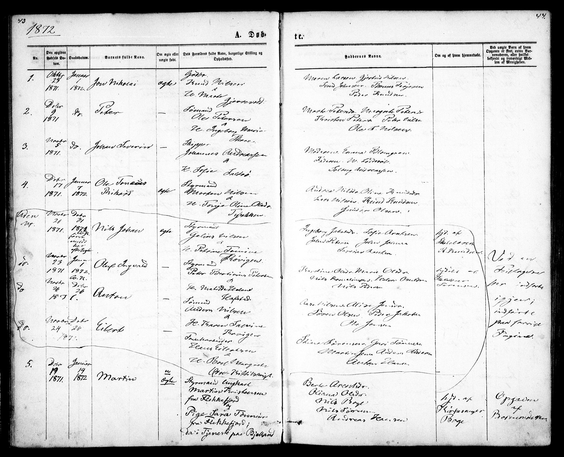 Tromøy sokneprestkontor, SAK/1111-0041/F/Fa/L0008: Ministerialbok nr. A 8, 1870-1877, s. 43-44