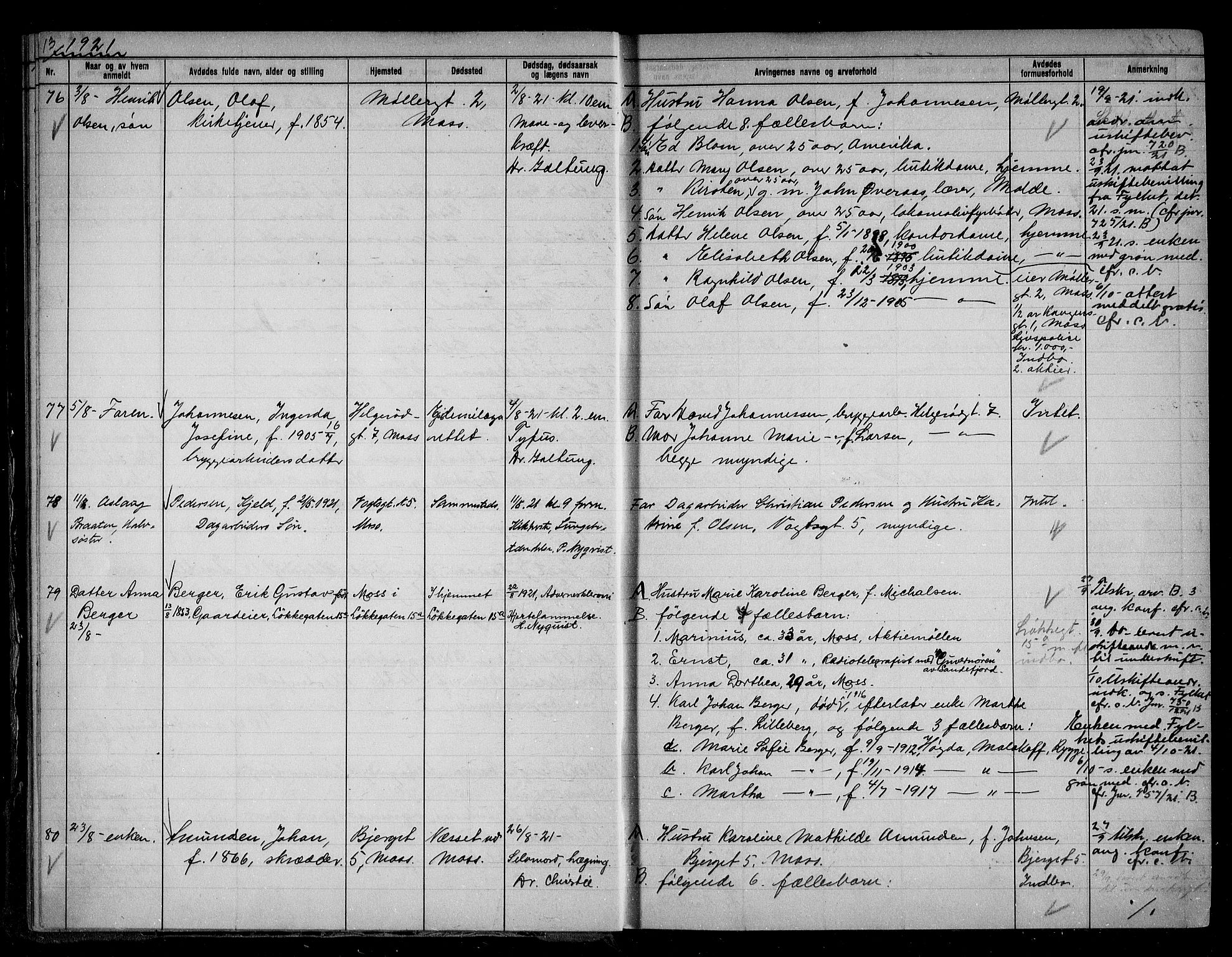 Moss byfogd, AV/SAO-A-10863/H/Ha/Hab/L0006: Dødsanmeldelsesprotokoll, 1921-1931, s. 13