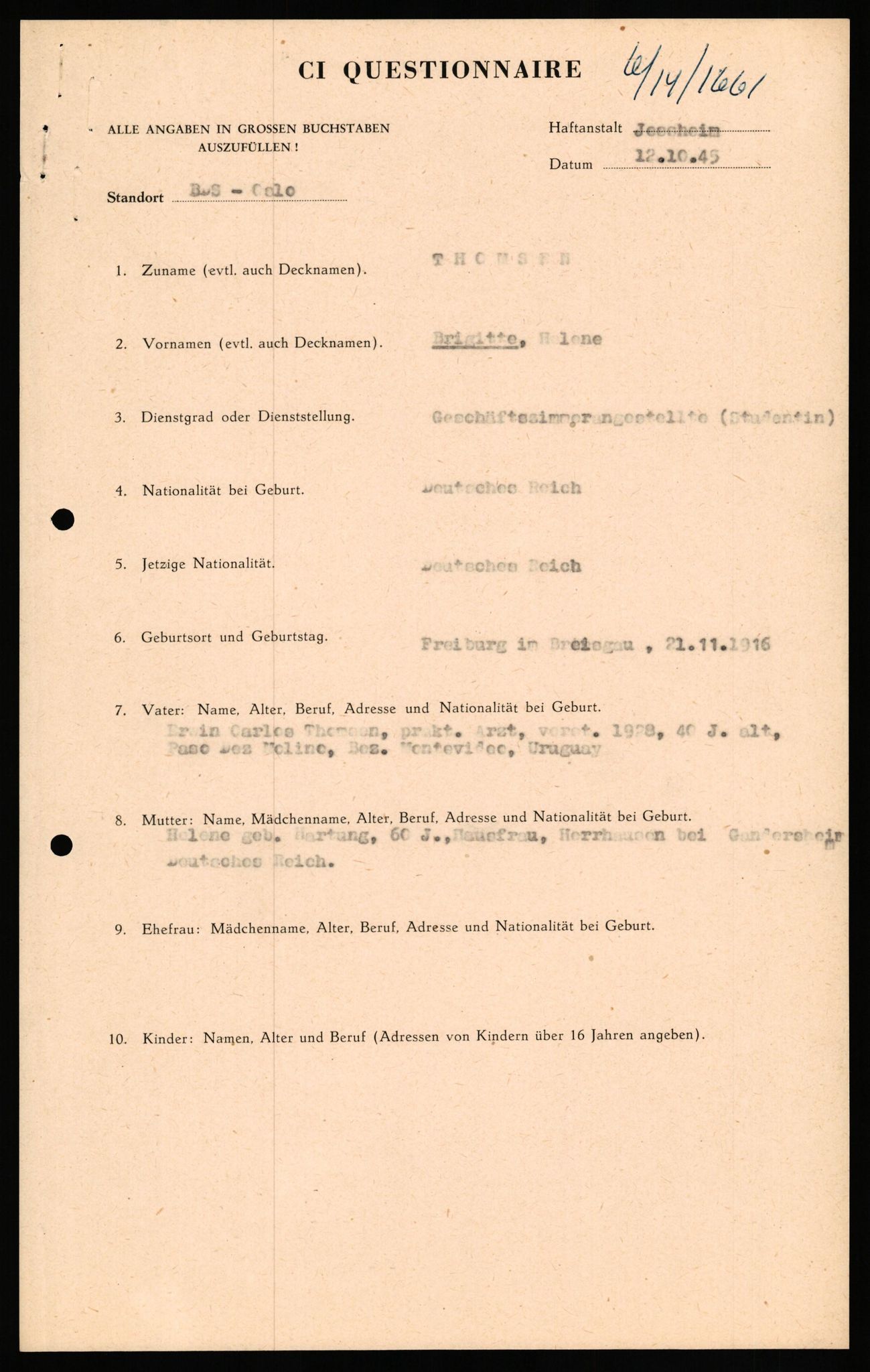 Forsvaret, Forsvarets overkommando II, RA/RAFA-3915/D/Db/L0033: CI Questionaires. Tyske okkupasjonsstyrker i Norge. Tyskere., 1945-1946, s. 488