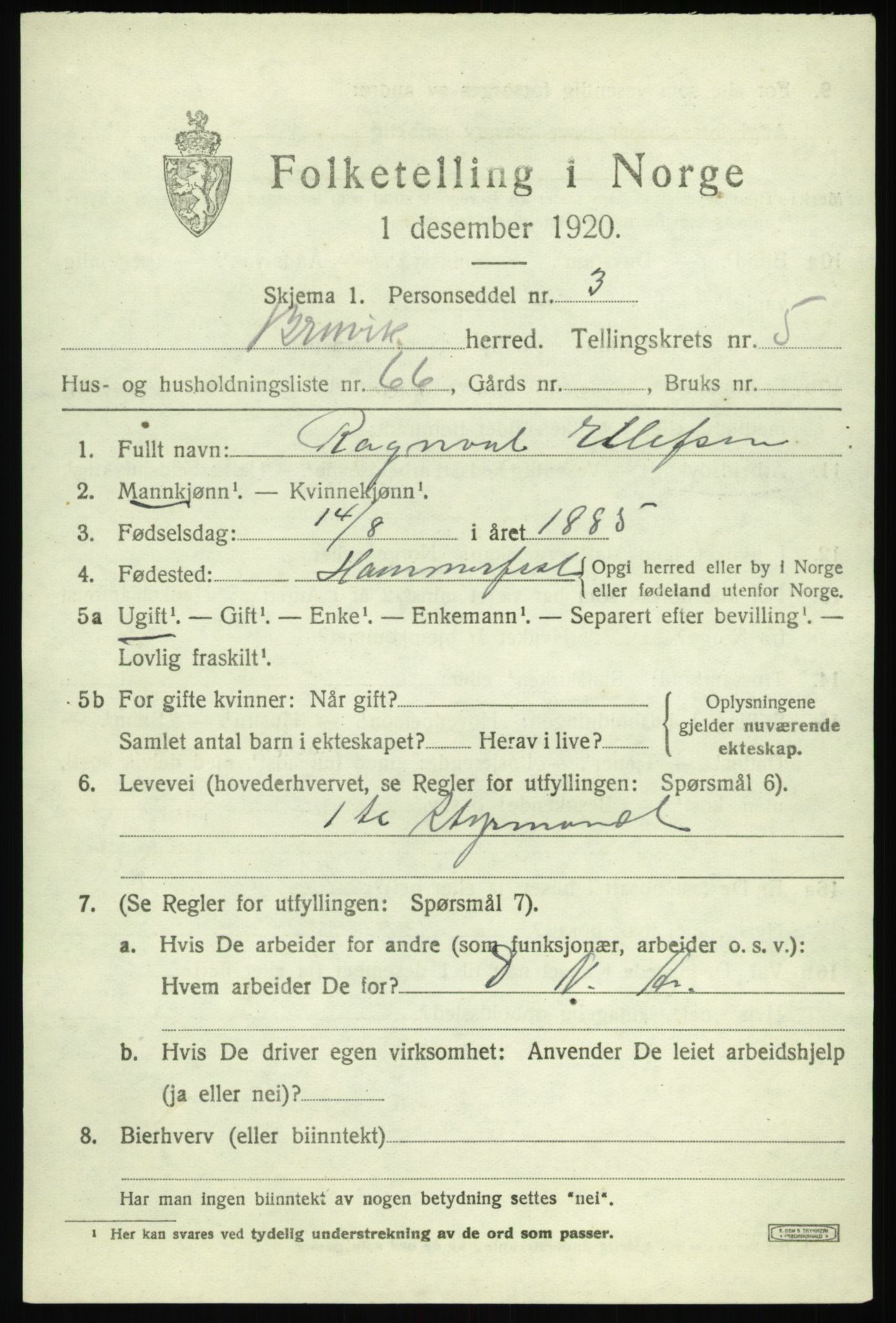 SAB, Folketelling 1920 for 1251 Bruvik herred, 1920, s. 3804