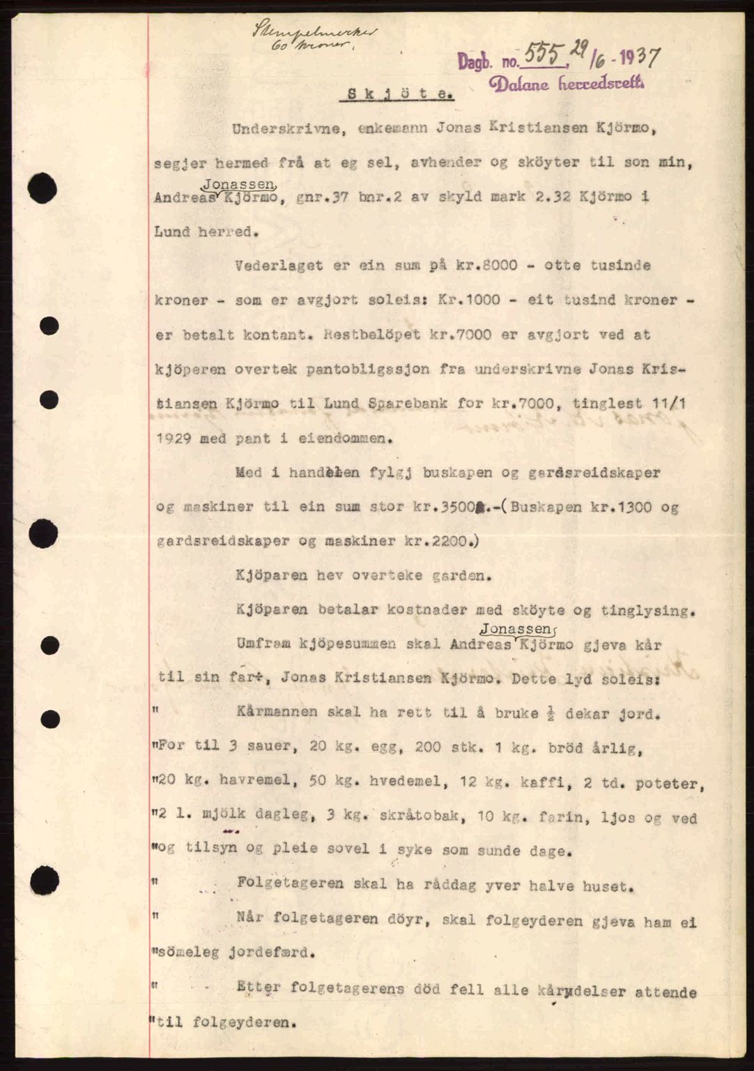 Dalane sorenskriveri, SAST/A-100309/02/G/Gb/L0041: Pantebok nr. A2, 1936-1937, Dagboknr: 555/1937
