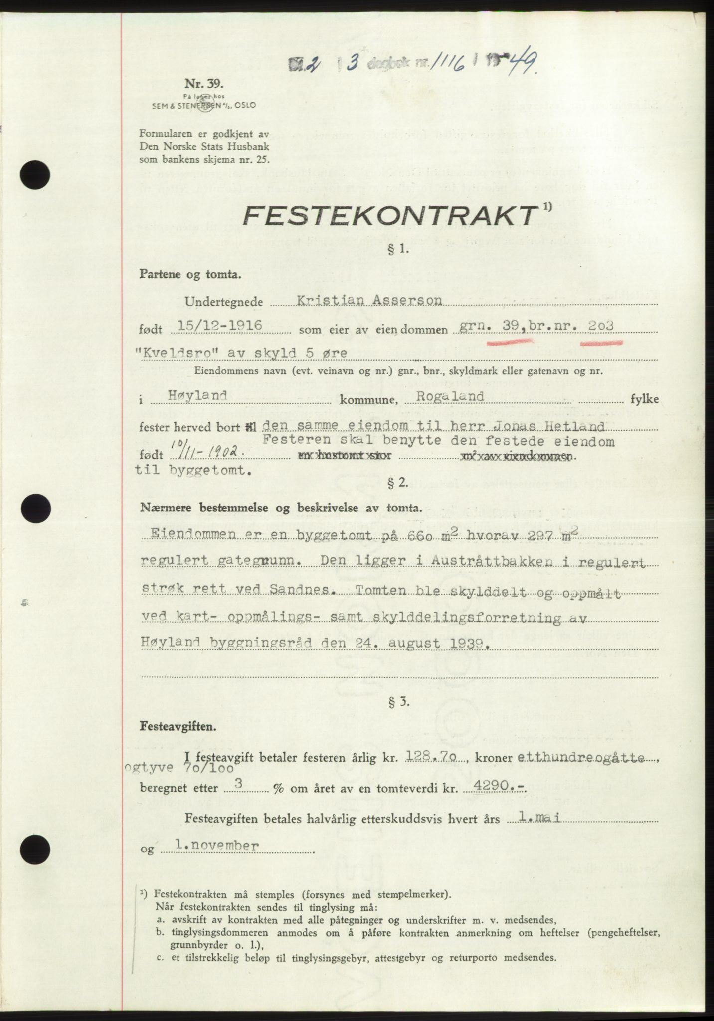 Jæren sorenskriveri, SAST/A-100310/03/G/Gba/L0102: Pantebok, 1949-1949, Dagboknr: 1116/1949