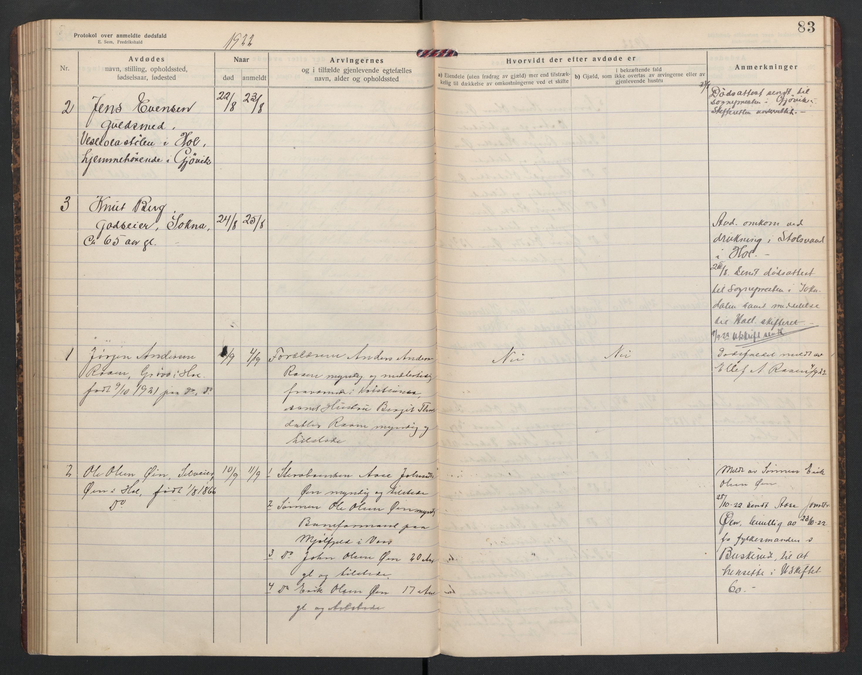 Hol lensmannskontor, SAKO/A-512/H/Ha/L0005: Dødsanmeldelsesprotokoll, 1917-1924, s. 83