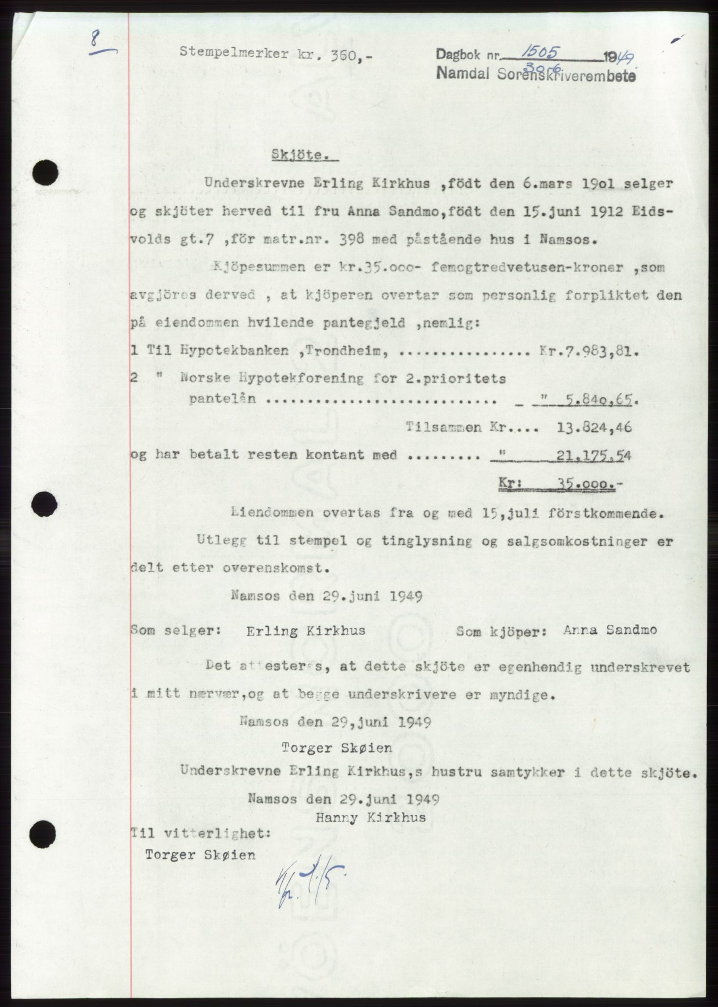 Namdal sorenskriveri, SAT/A-4133/1/2/2C: Pantebok nr. -, 1949-1949, Dagboknr: 1505/1949
