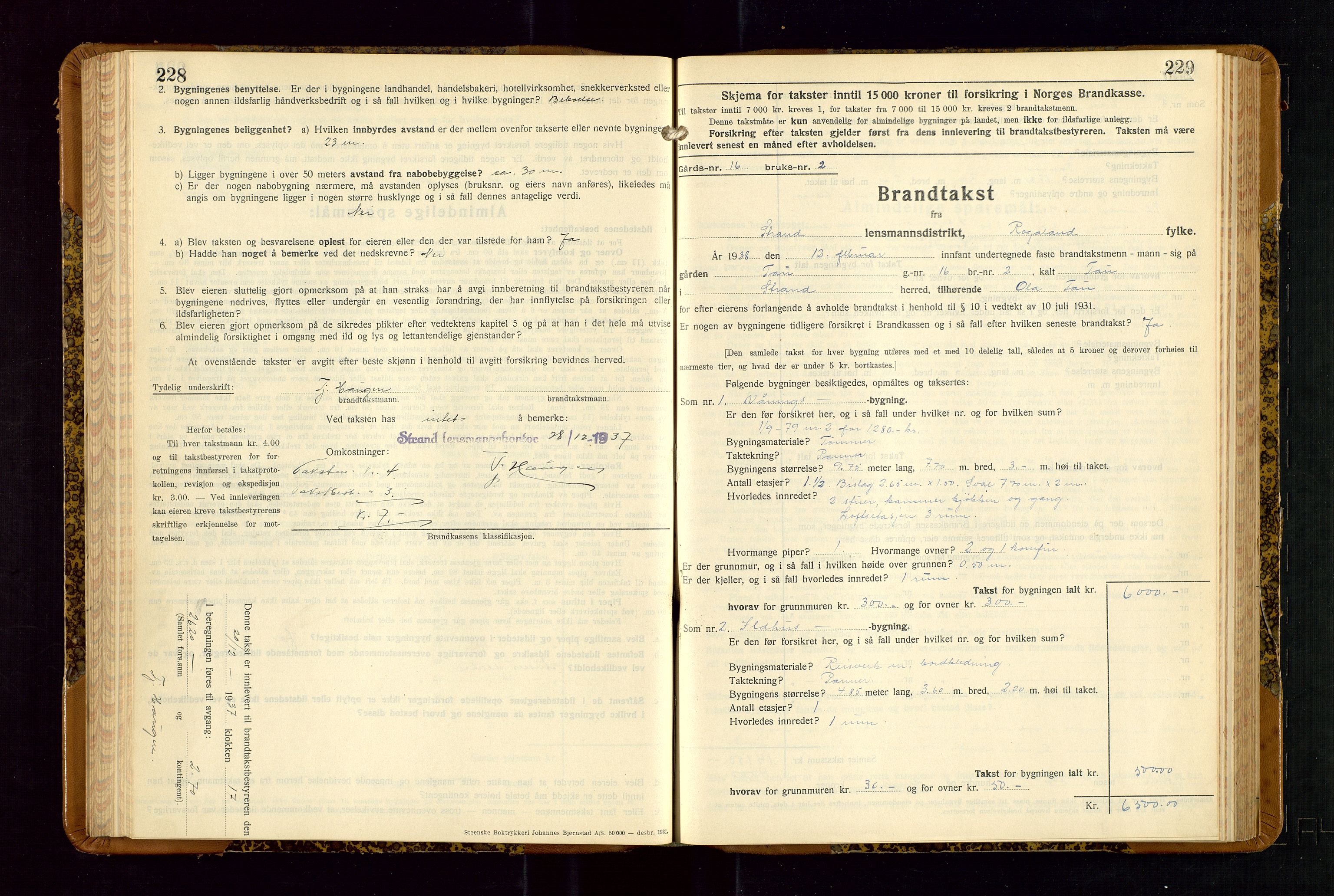 Strand og Forsand lensmannskontor, SAST/A-100451/Gob/L0001: Branntakstprotokoll, 1935-1942, s. 228-229