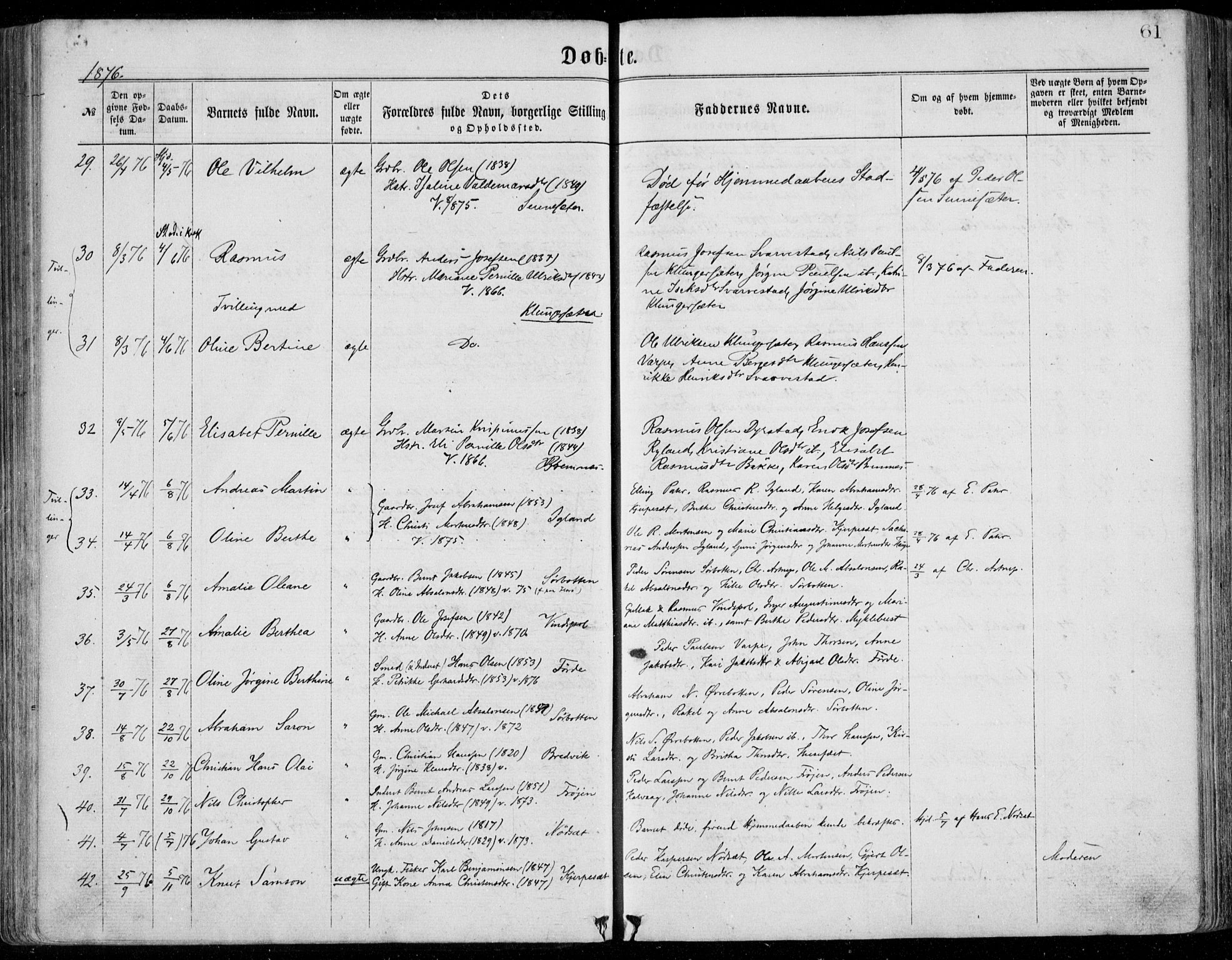 Bremanger sokneprestembete, AV/SAB-A-82201/H/Haa/Haaa/L0001: Ministerialbok nr. A  1, 1864-1883, s. 61