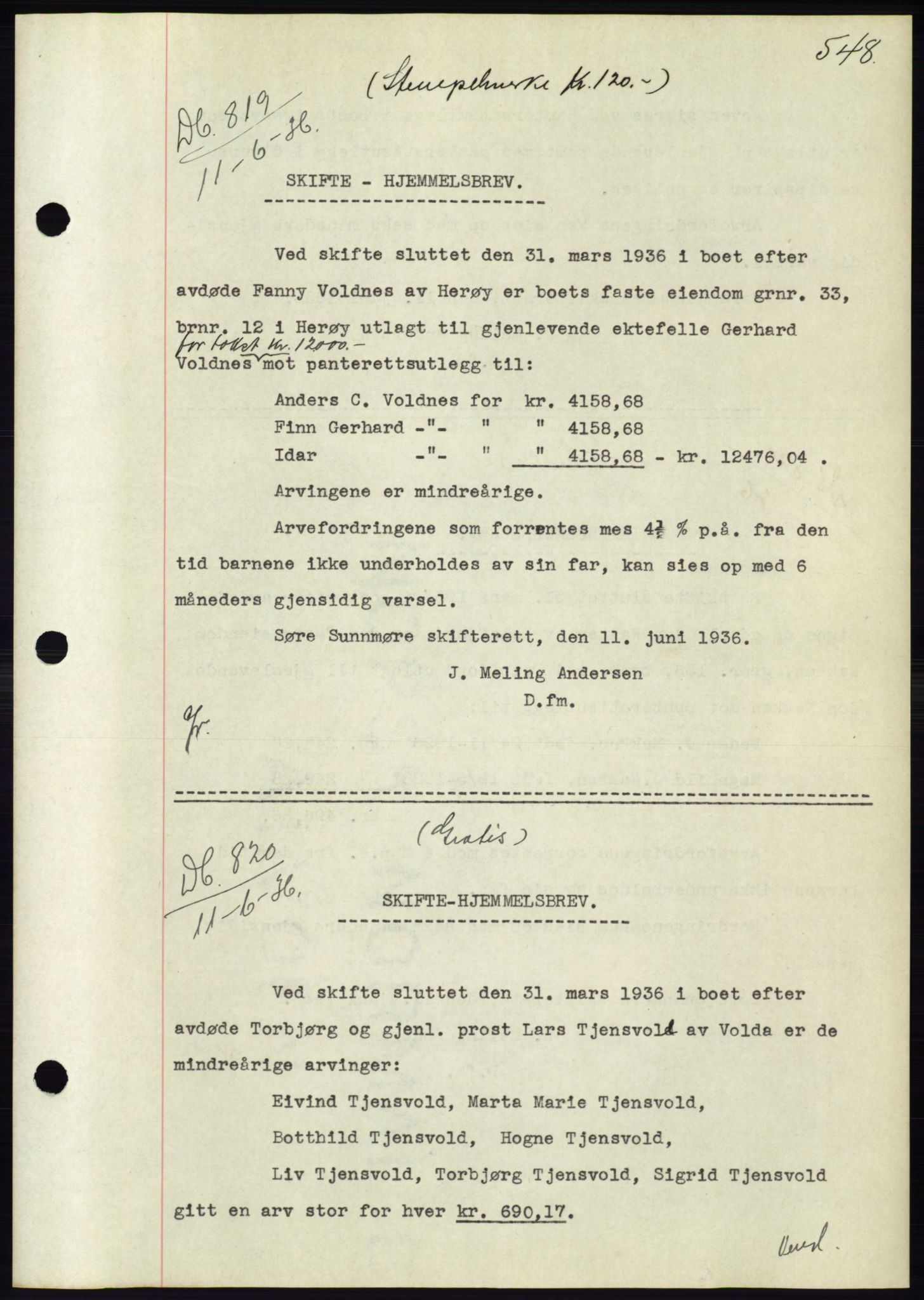 Søre Sunnmøre sorenskriveri, AV/SAT-A-4122/1/2/2C/L0060: Pantebok nr. 54, 1935-1936, Tingl.dato: 11.06.1936