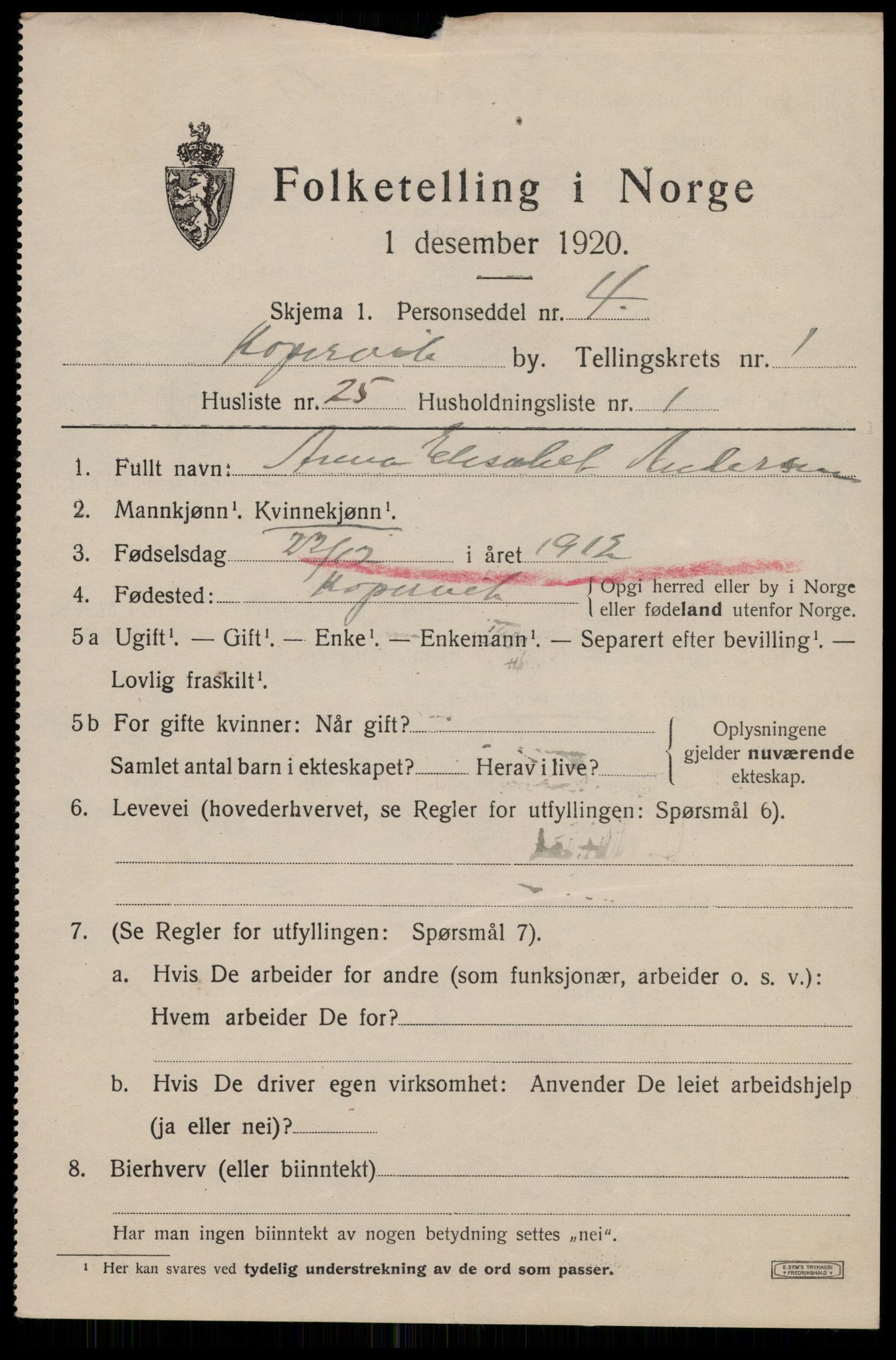 SAST, Folketelling 1920 for 1105 Kopervik ladested, 1920, s. 1730
