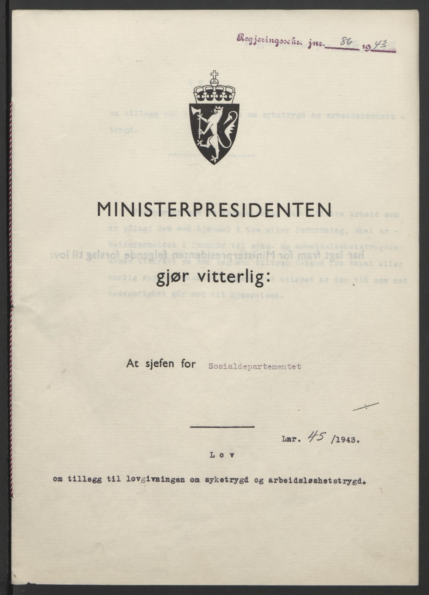 NS-administrasjonen 1940-1945 (Statsrådsekretariatet, de kommisariske statsråder mm), AV/RA-S-4279/D/Db/L0099: Lover, 1943, s. 196