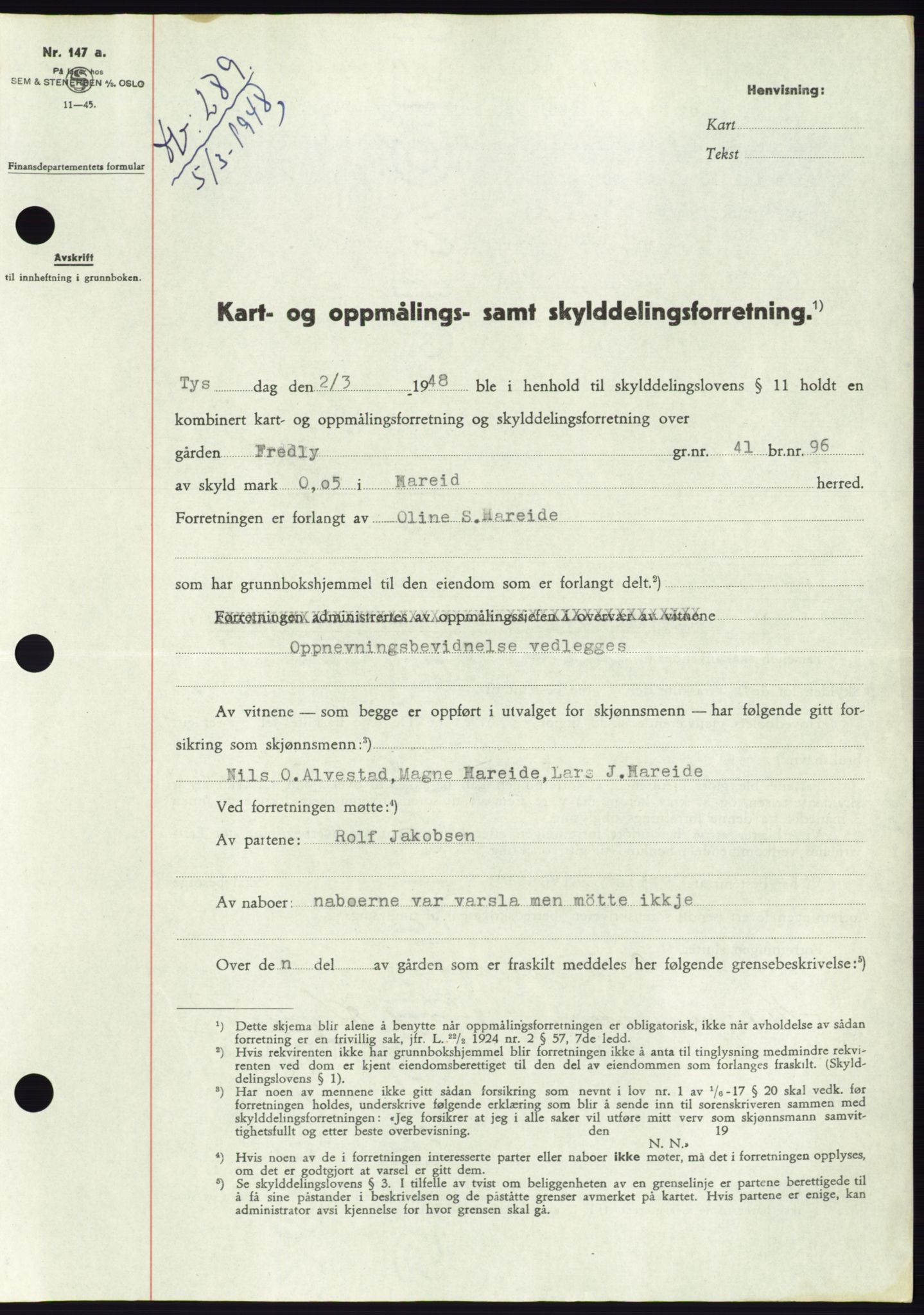 Søre Sunnmøre sorenskriveri, SAT/A-4122/1/2/2C/L0082: Pantebok nr. 8A, 1948-1948, Dagboknr: 289/1948