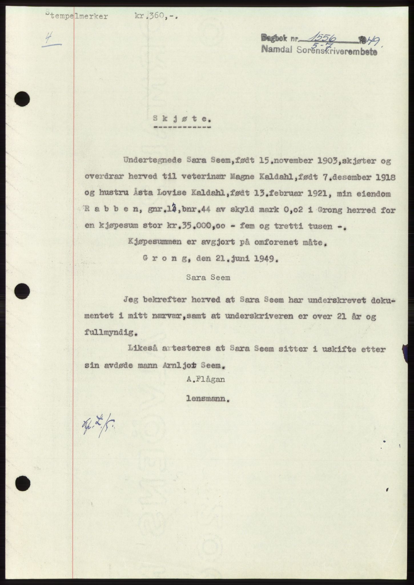 Namdal sorenskriveri, SAT/A-4133/1/2/2C: Pantebok nr. -, 1949-1949, Dagboknr: 1556/1949