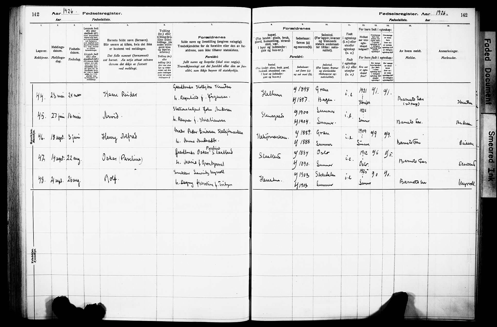 Lunner prestekontor, SAH/PREST-118/I/Id/L0001: Fødselsregister nr. 1, 1916-1932, s. 142