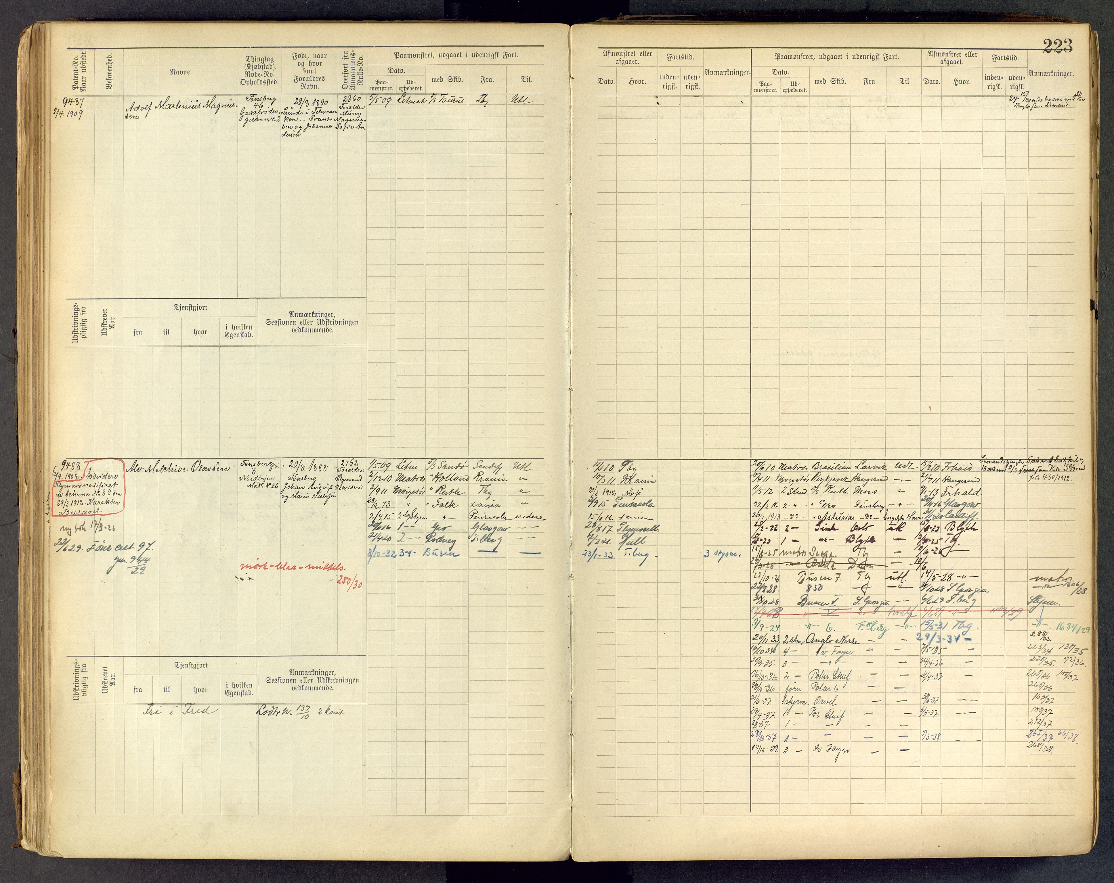 Tønsberg innrulleringskontor, AV/SAKO-A-786/F/Fc/Fcb/L0009: Hovedrulle Patent nr. 9043-9992, 1900-1921, s. 223