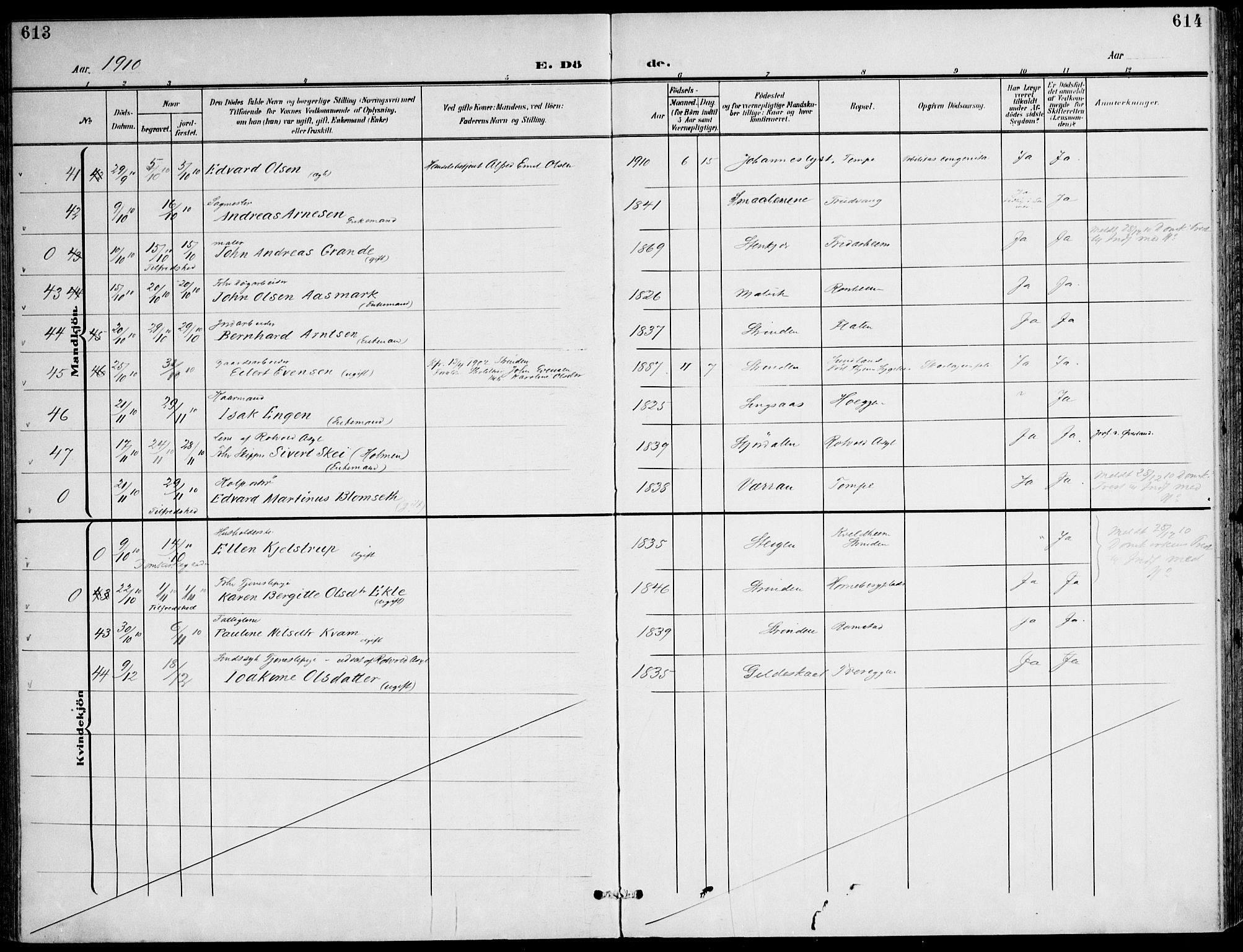 Ministerialprotokoller, klokkerbøker og fødselsregistre - Sør-Trøndelag, SAT/A-1456/607/L0320: Ministerialbok nr. 607A04, 1907-1915, s. 613-614