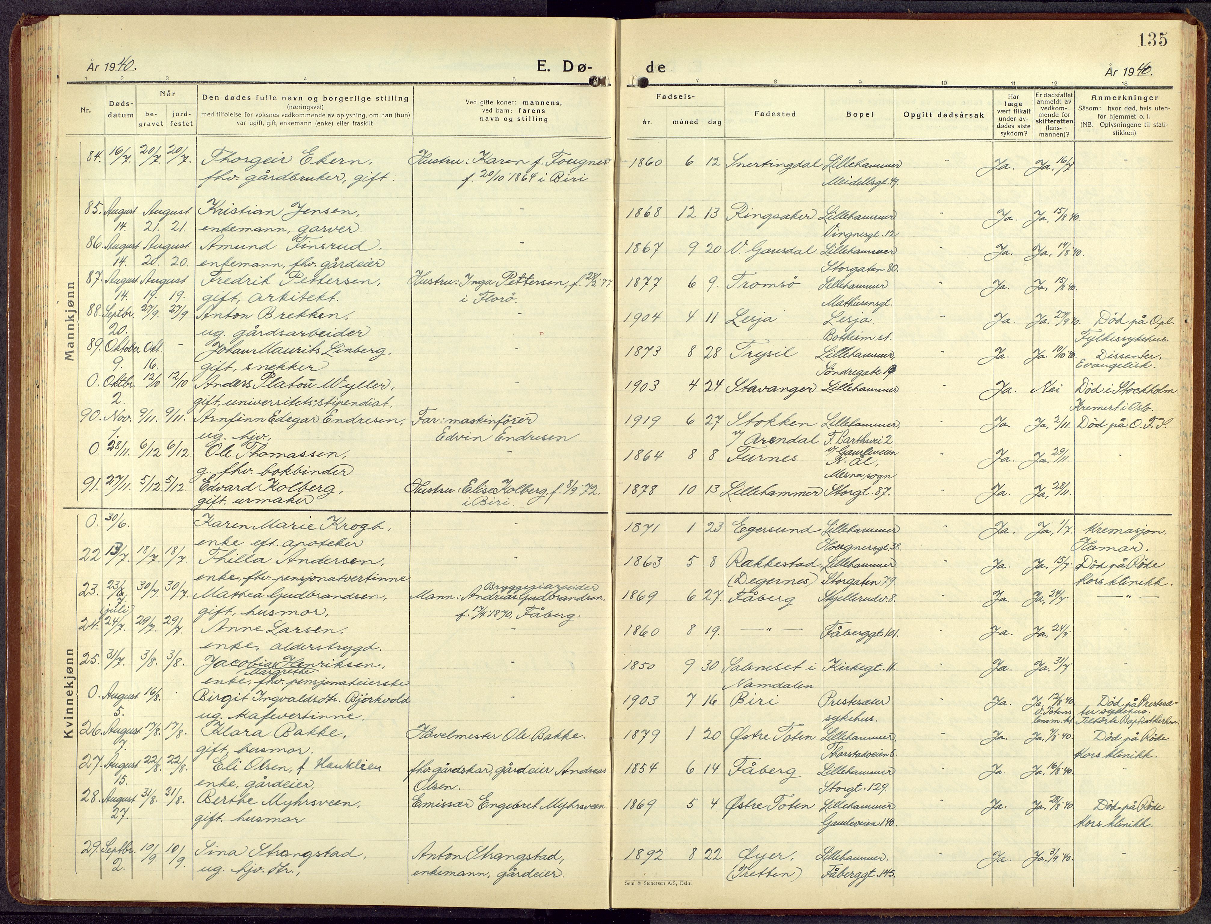 Lillehammer prestekontor, AV/SAH-PREST-088/H/Ha/Hab/L0004: Klokkerbok nr. 4, 1940-1955, s. 135