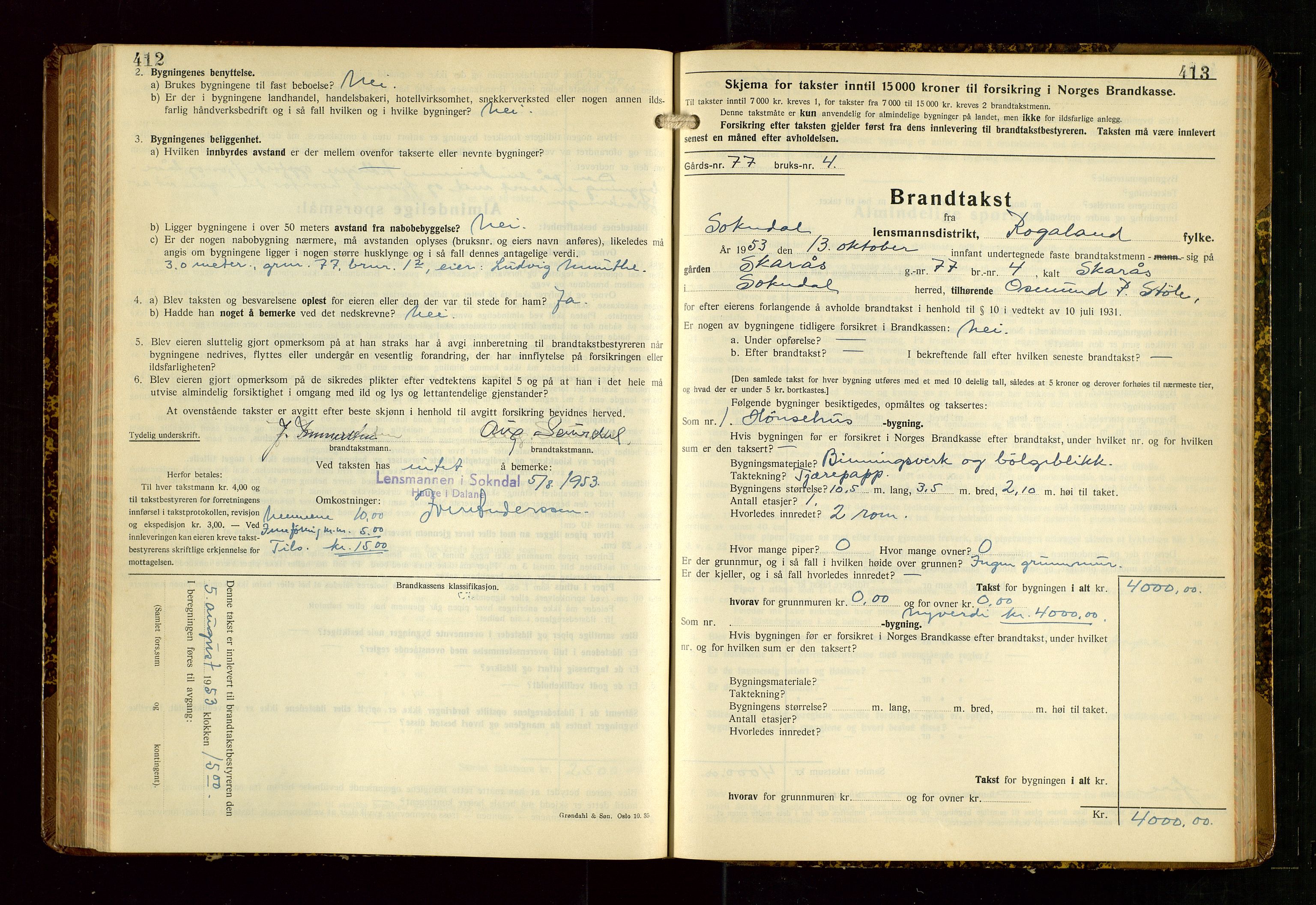 Sokndal lensmannskontor, AV/SAST-A-100417/Gob/L0008: "Brandtakst-Protokoll", 1937-1955, s. 412-413