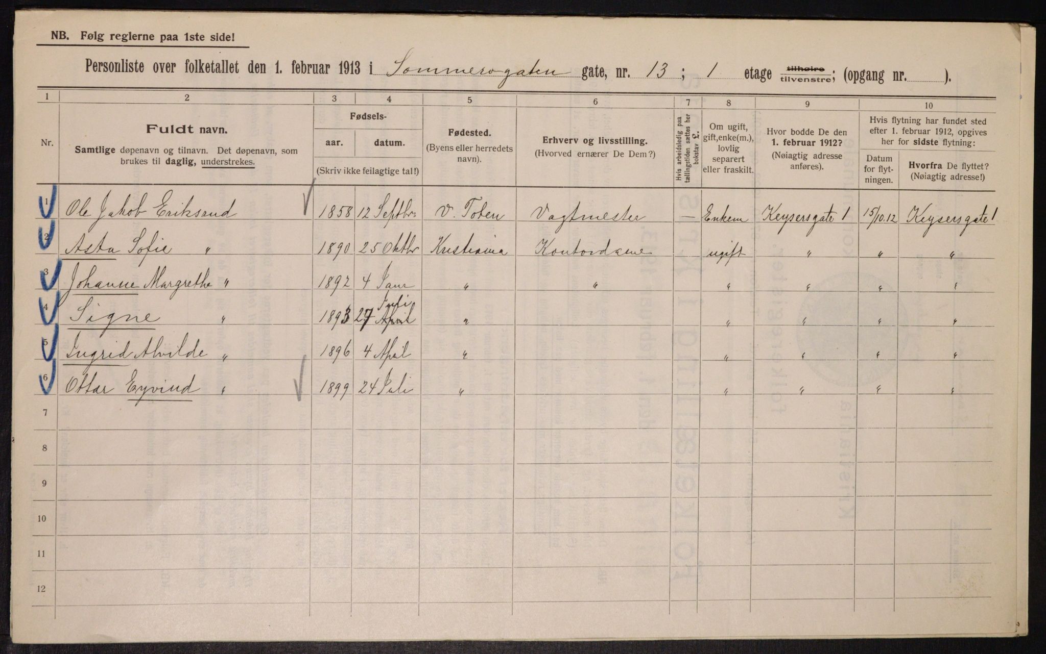 OBA, Kommunal folketelling 1.2.1913 for Kristiania, 1913, s. 99749