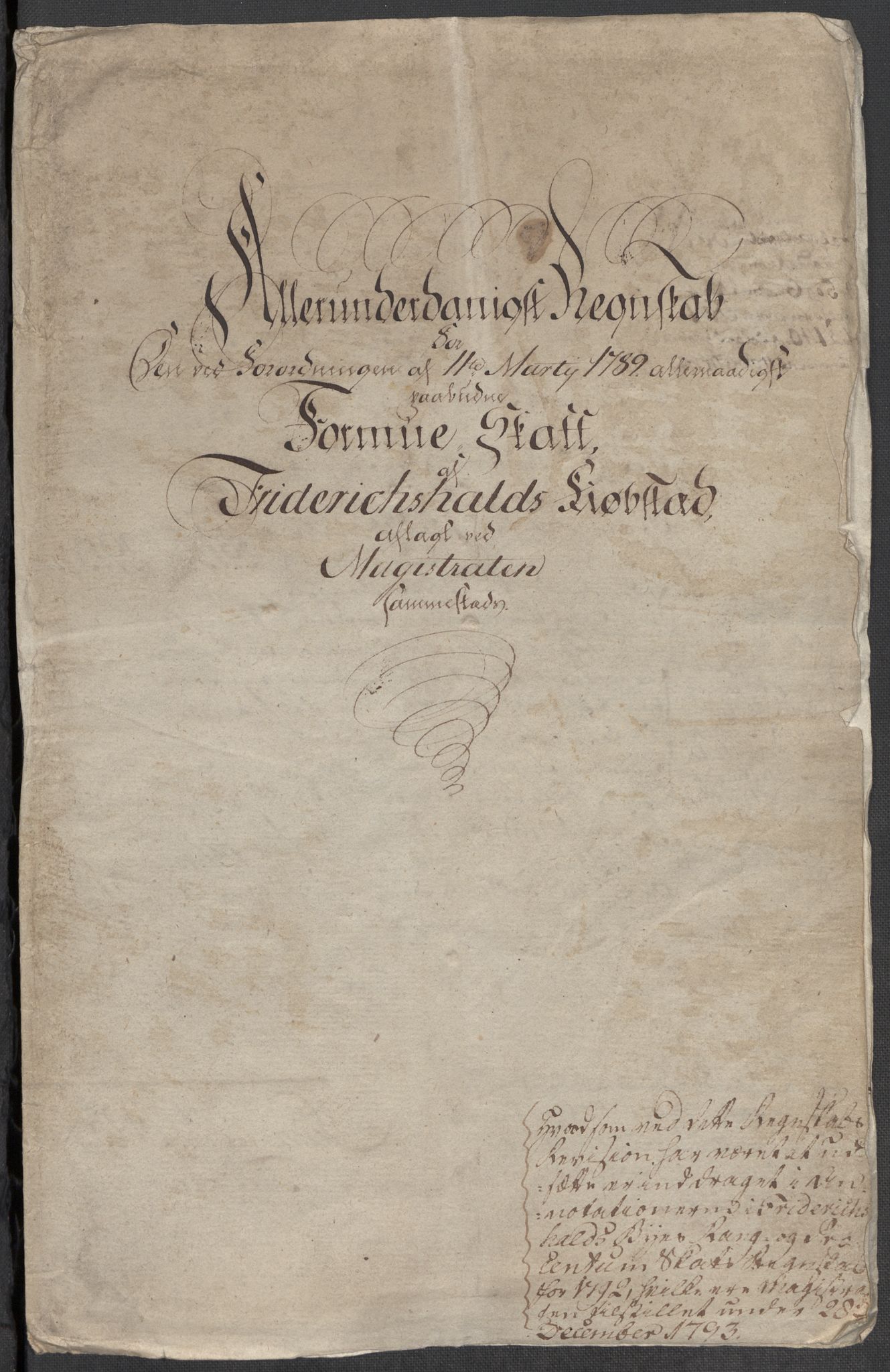 Rentekammeret inntil 1814, Reviderte regnskaper, Mindre regnskaper, RA/EA-4068/Rf/Rfe/L0008: Kristiansand. Kristiansund. Fredrikshald (Halden), 1789, s. 268
