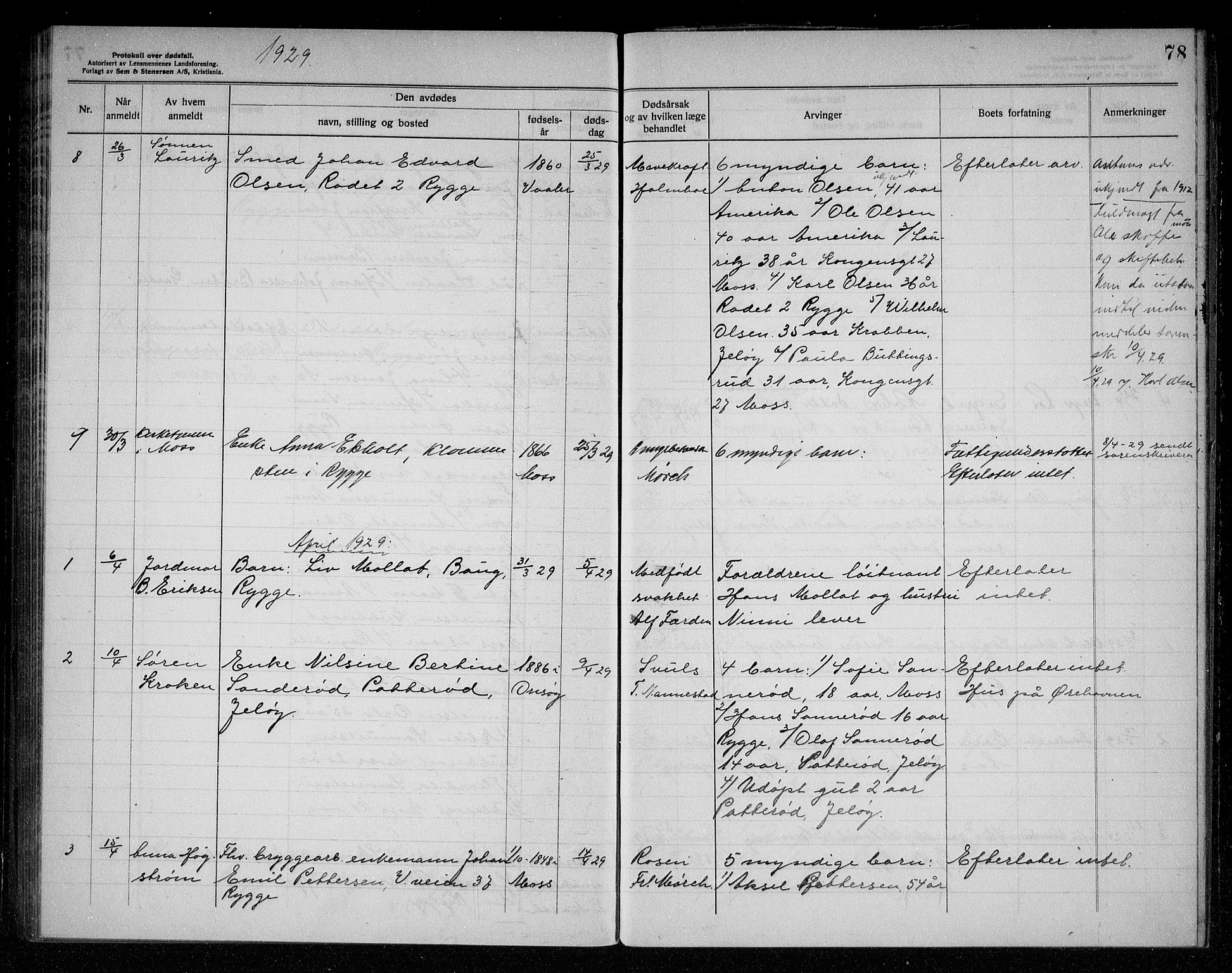 Rygge lensmannskontor, AV/SAO-A-10005/H/Ha/Haa/L0008: Dødsfallsprotokoll, 1925-1929, s. 78