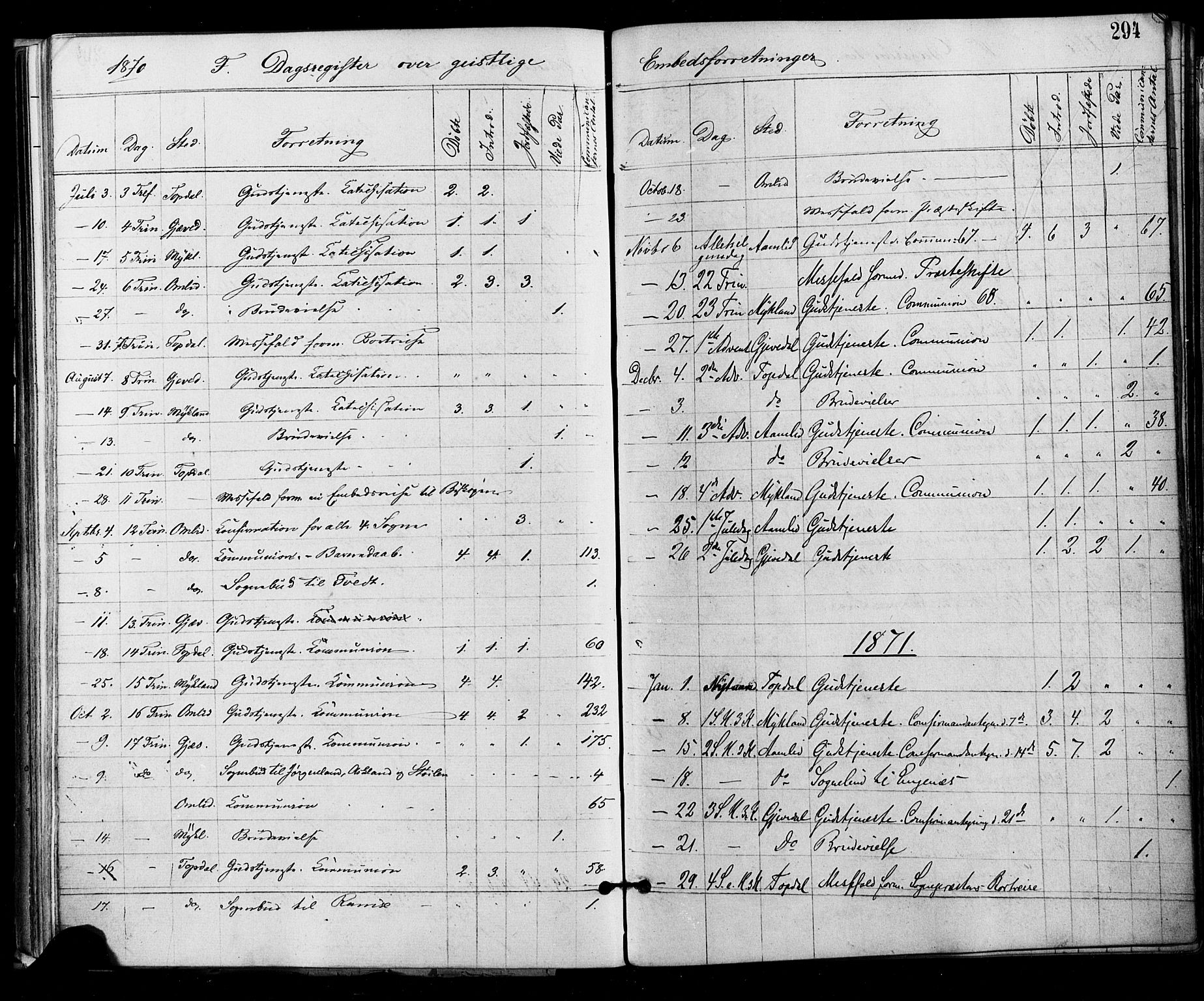Åmli sokneprestkontor, AV/SAK-1111-0050/F/Fa/Fac/L0009: Ministerialbok nr. A 9 /1, 1869-1884, s. 294