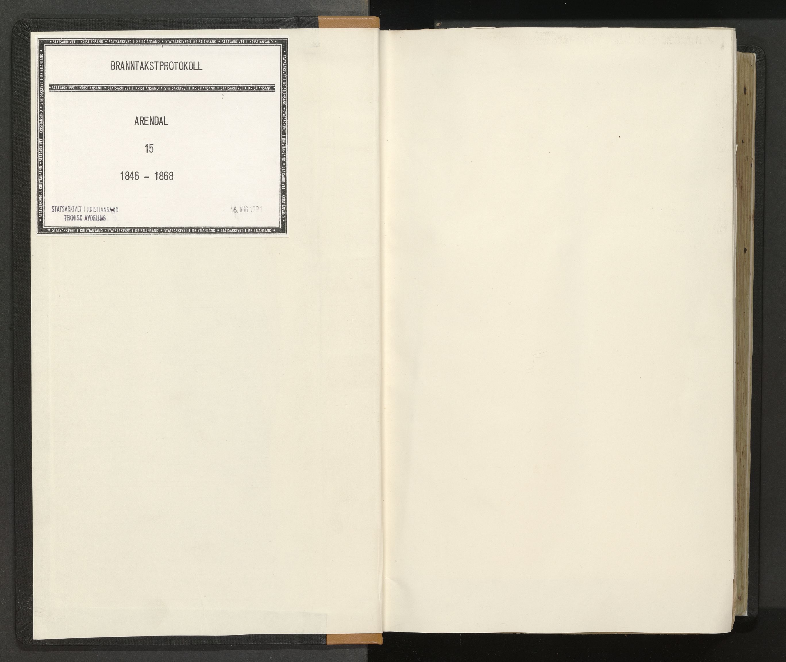 Norges Brannkasse Arendal, AV/SAK-2241-0002/F/Fa/L0018: Branntakstprotokoll nr. 15 med matrikkelnummerregister, 1846-1868