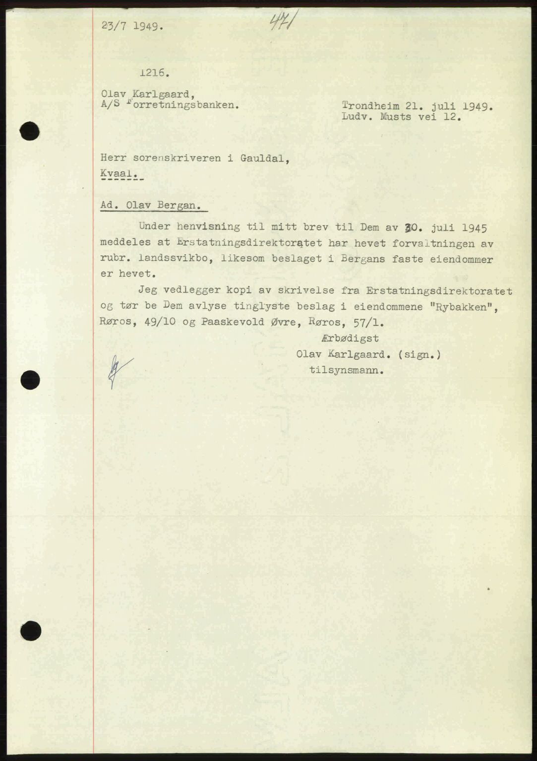 Gauldal sorenskriveri, SAT/A-0014/1/2/2C: Pantebok nr. A8, 1949-1949, Dagboknr: 1216/1949