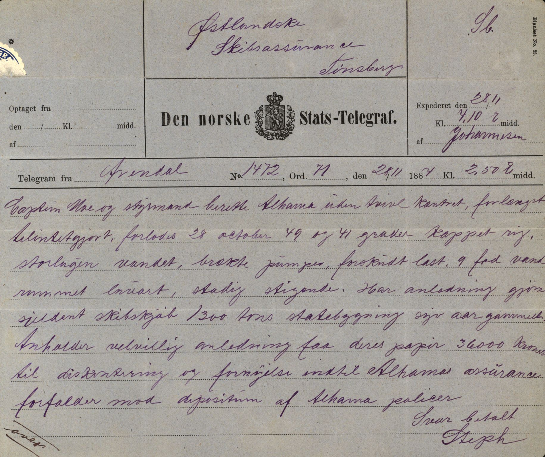 Pa 63 - Østlandske skibsassuranceforening, VEMU/A-1079/G/Ga/L0017/0001: Havaridokumenter / Triton, Albama, Alfen, 1884, s. 52