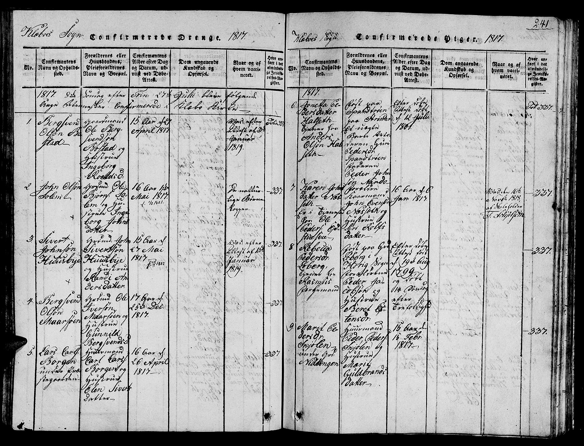 Ministerialprotokoller, klokkerbøker og fødselsregistre - Sør-Trøndelag, AV/SAT-A-1456/618/L0450: Klokkerbok nr. 618C01, 1816-1865, s. 241