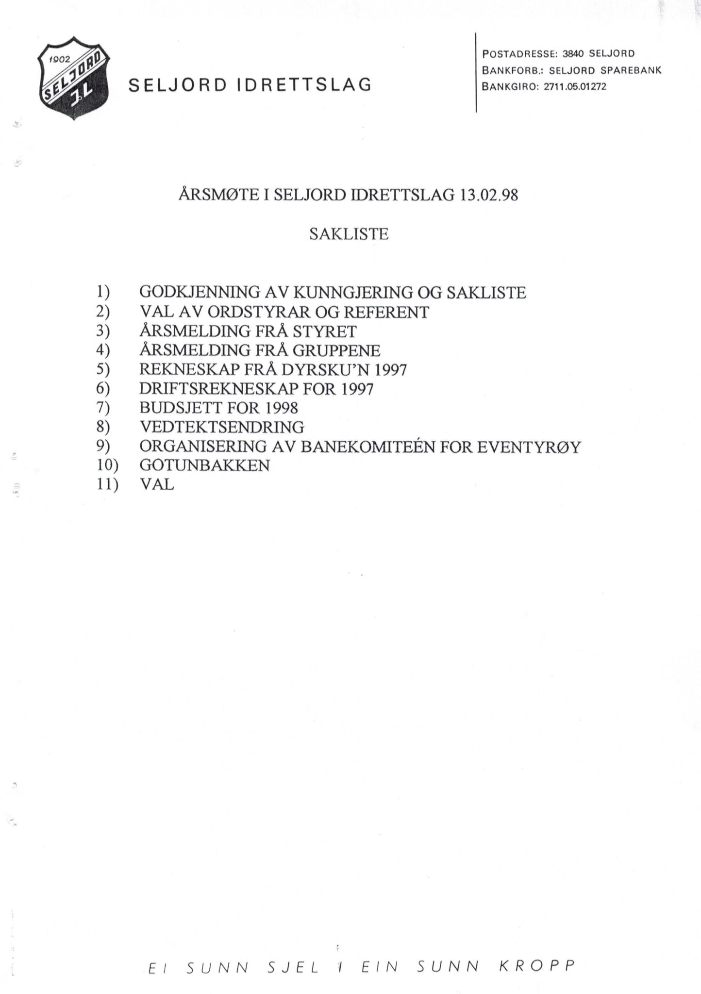 Seljord Idrettslag, VTM/A-1034/A/Ab/L0002: Årsmeldingar, 1997