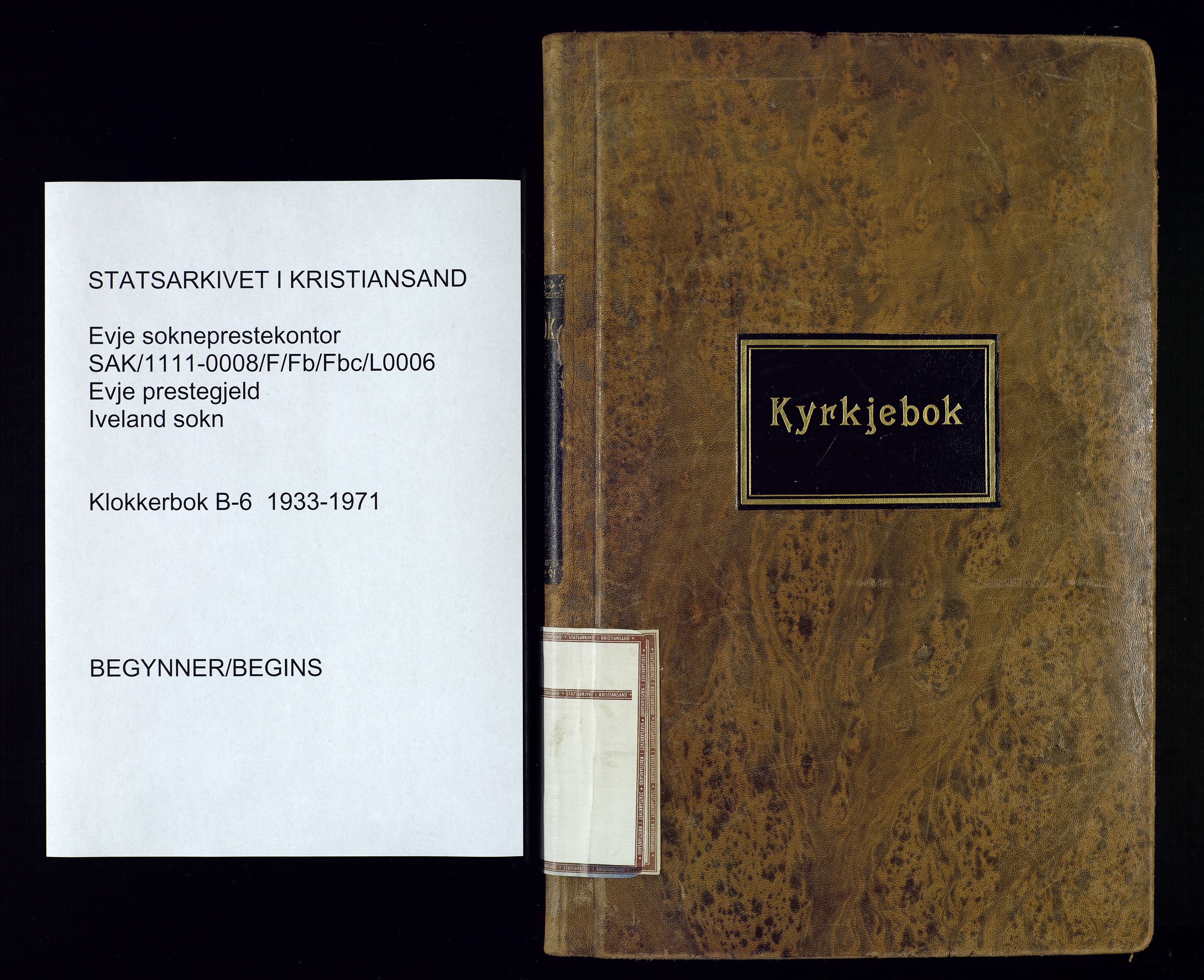 Evje sokneprestkontor, SAK/1111-0008/F/Fb/Fbc/L0006: Klokkerbok nr. B-6, 1933-1971